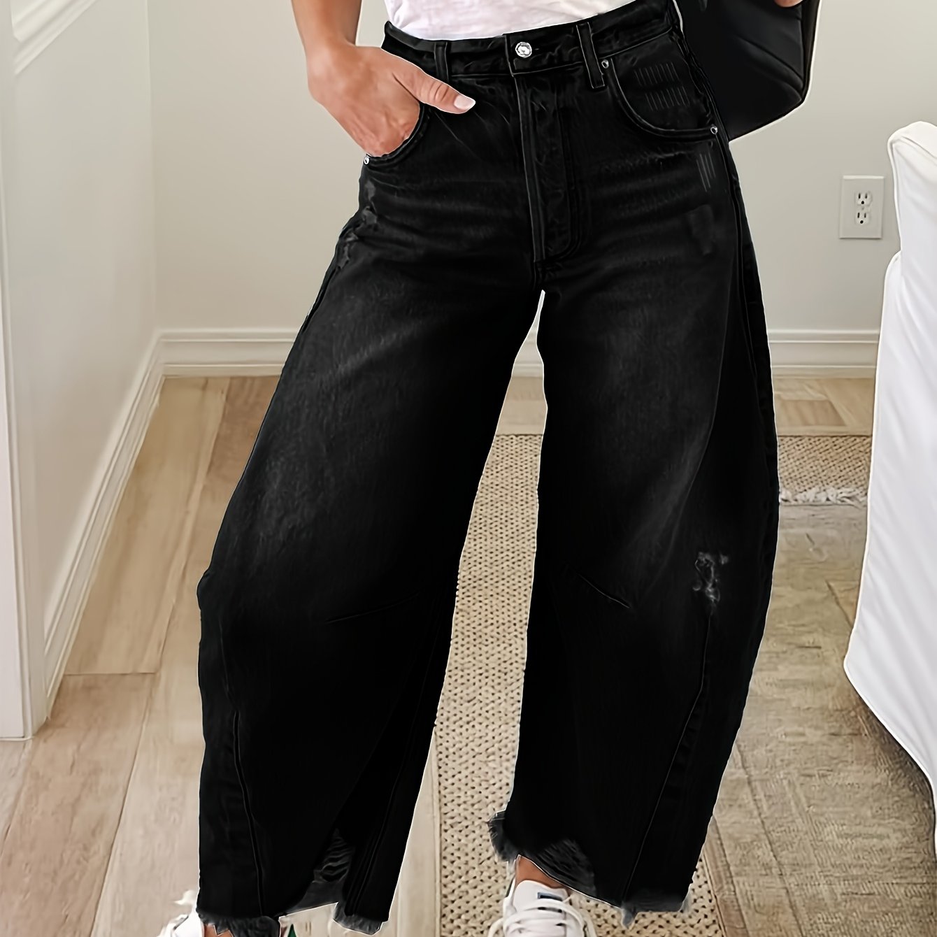 Image of Design-sense Washed Distressed Frayed Loose Jeans, Black Casual Denim Trousers Women's Banana Pants