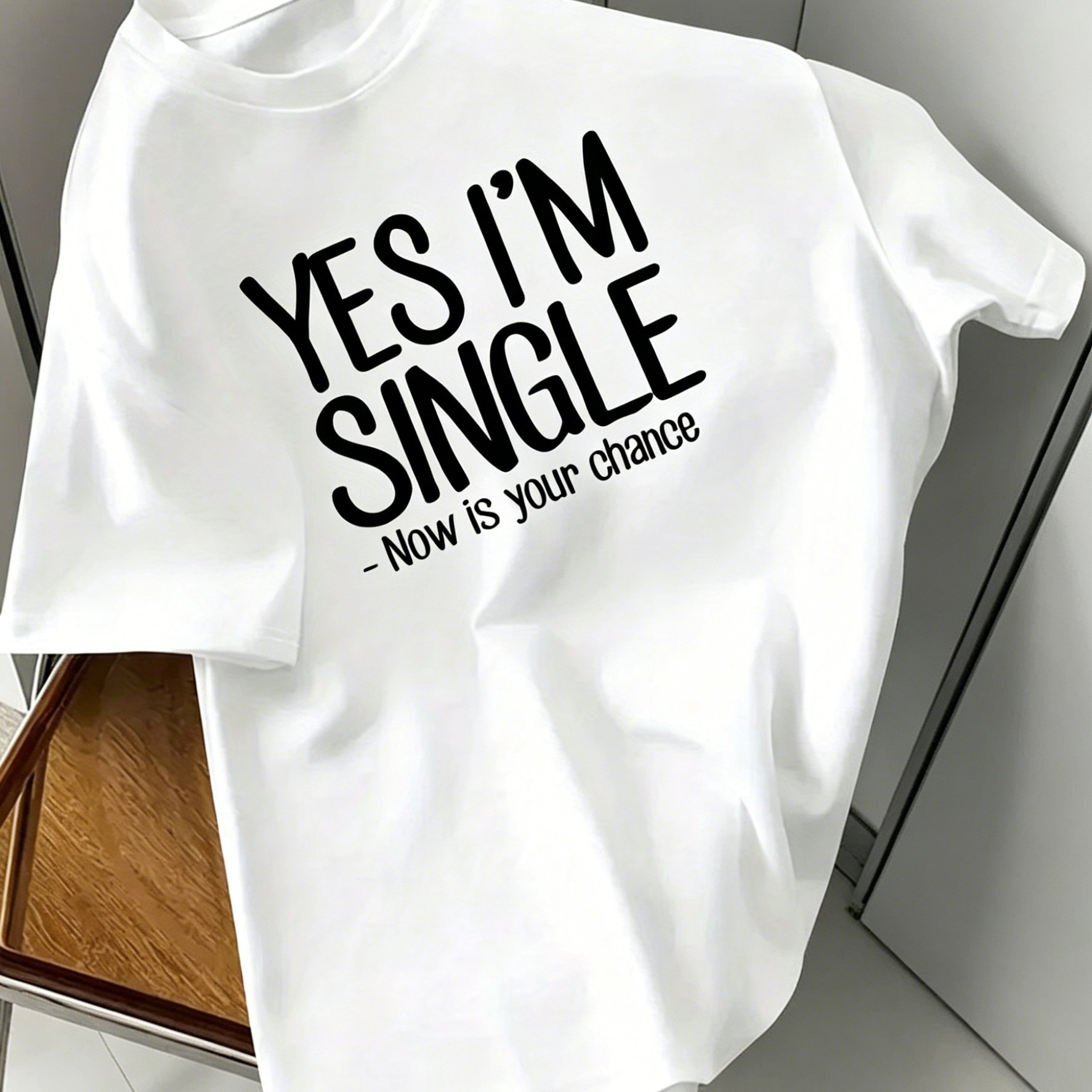 TEMU Yes, I'm Single" Printed Casual 's T-shirt, , Fashionable Street- Neck T-shirt, Suitable For Daily And Outdoor Wear