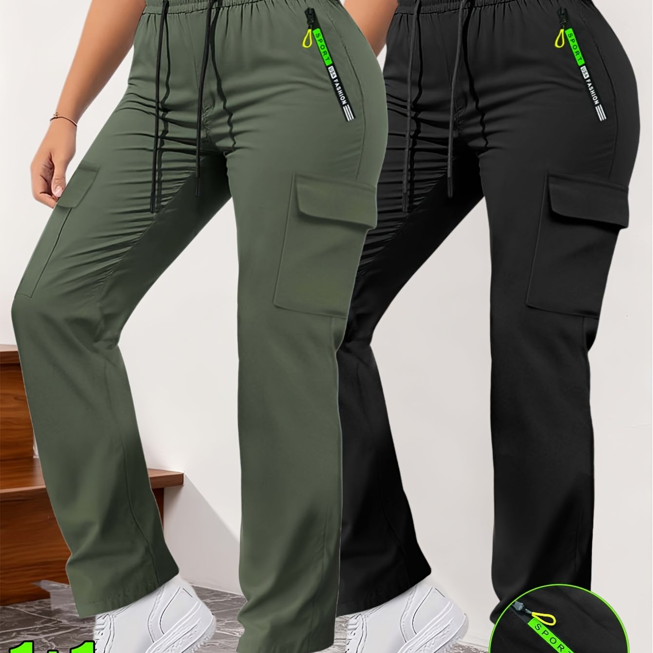 Image of 2pcs Women's High-waisted Loose Straight-leg Cargo Pants, Side Zipper Pockets Adjustable Drawstring Daily Casual Trousers