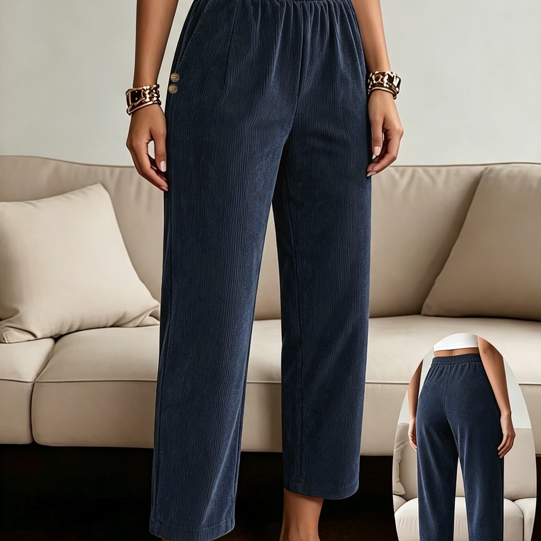 TEMU Autumn/winter Vintage Corduroy Pants For Women, Elastic Waist, Loose Straight-leg With Pockets, Casual Trousers