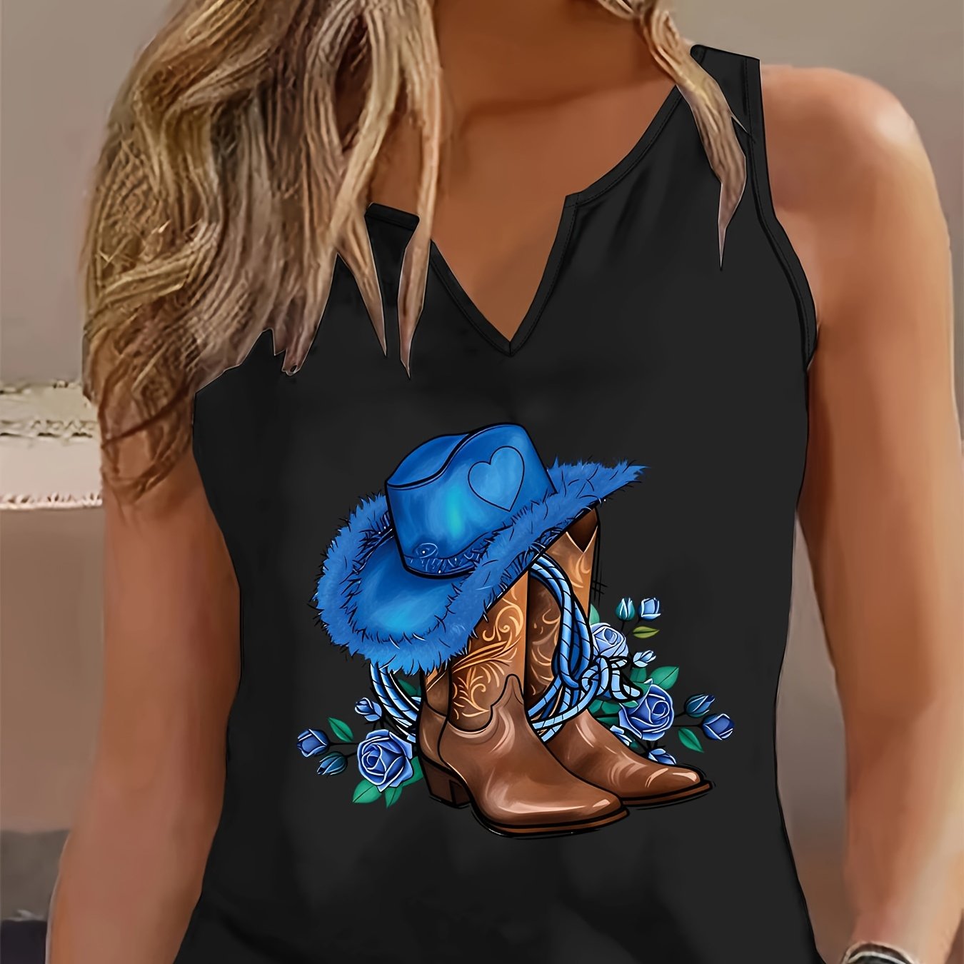 TEMU Women's Western Cowboy Hat And Boots 2d Printed Pattern Tank Top - Sleeveless V-neck Casual Summer Top, , Blue, Perfect For , Women's Tank Top