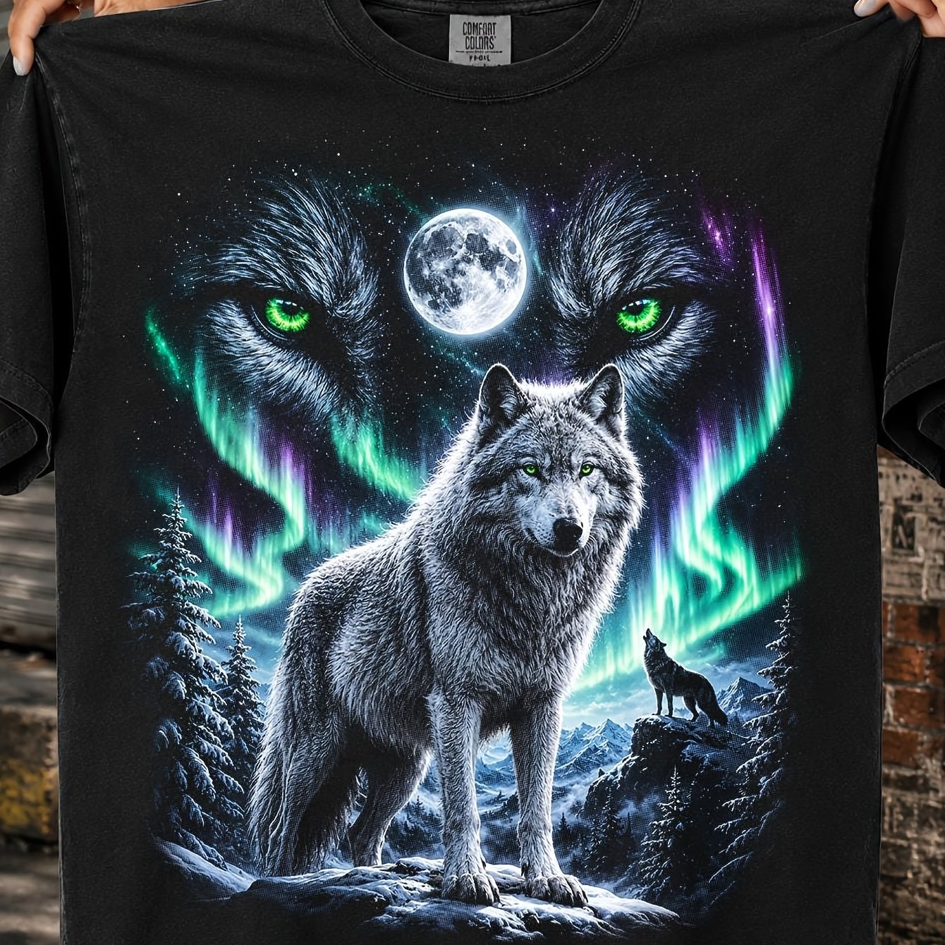 Image of Aurora Wolf Halftone Moonlight Wolf Northern Lights Wildlife Old School Graphic Night Hiking Gift For Wolf Lovers Men Short Sleeve 180g Cotton Crew Neck T Shirt Suitable For S To 3xl