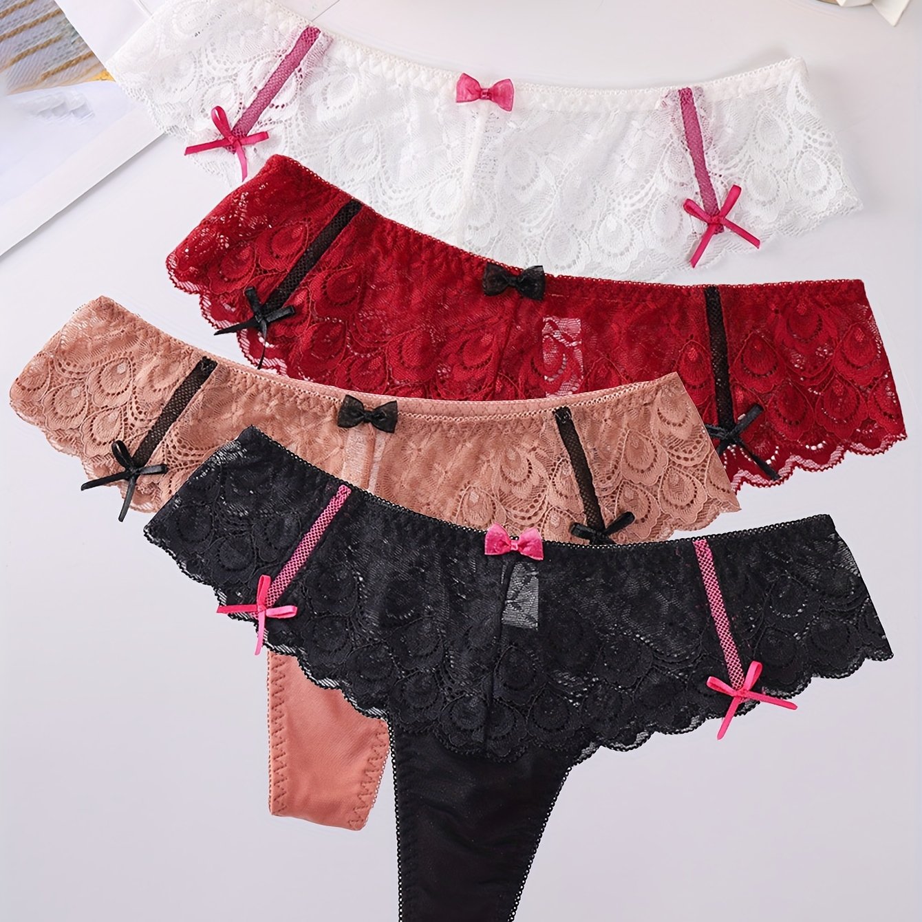 4pcs Contrast Lace Thongs, Soft & Comfy Scallop Trim Bow Tie Panties,  Women's Lingerie & Underwear