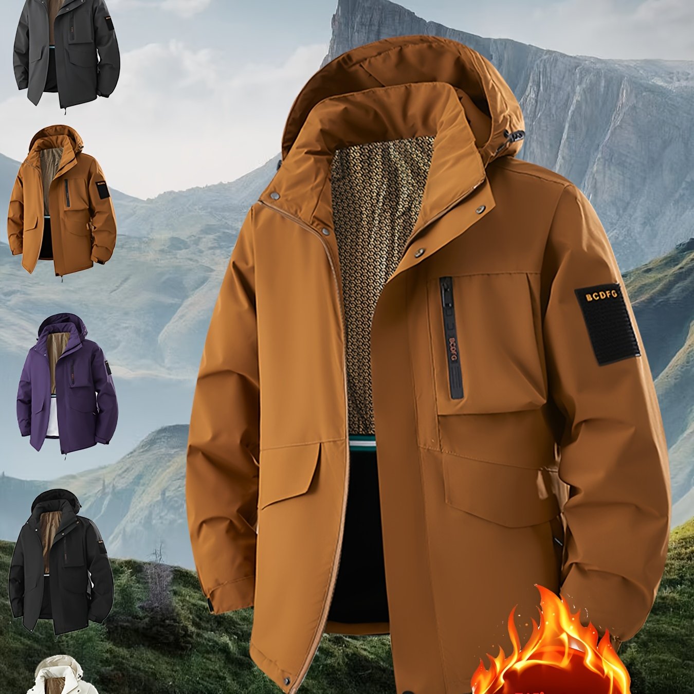 TEMU 0xl-5xl Plus Size Men's Autumn Winter Techwear Style Cargo Hooded Windbreaker Jacket, Winter Style Outdoor Casual Plus Size Coat, Outdoor Travel