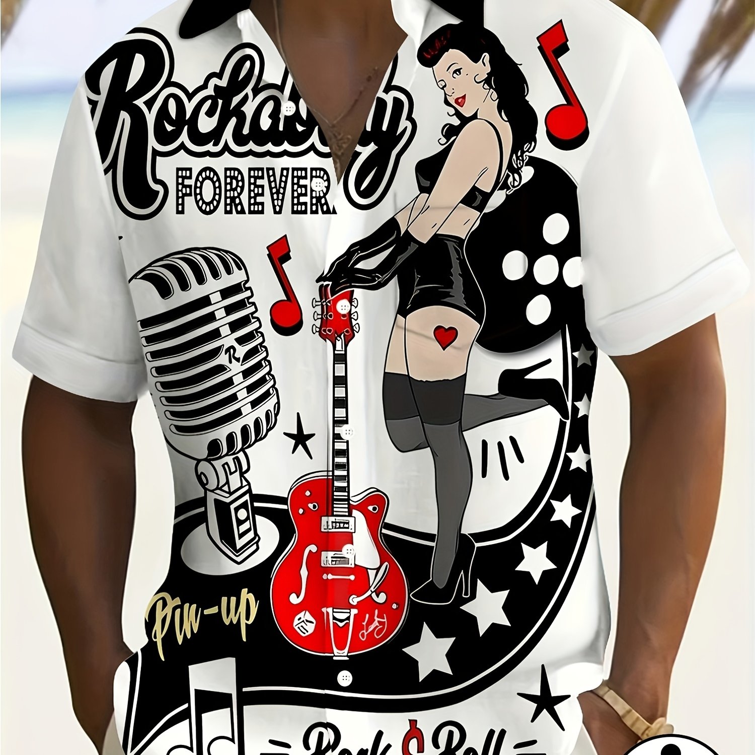 TEMU Men's Casual Short-sleeve Button-up Shirt With Rock Pattern Print - Lightweight Summer Shirt, Music- For Adults And Teens, Short-sleeve T-shirt,