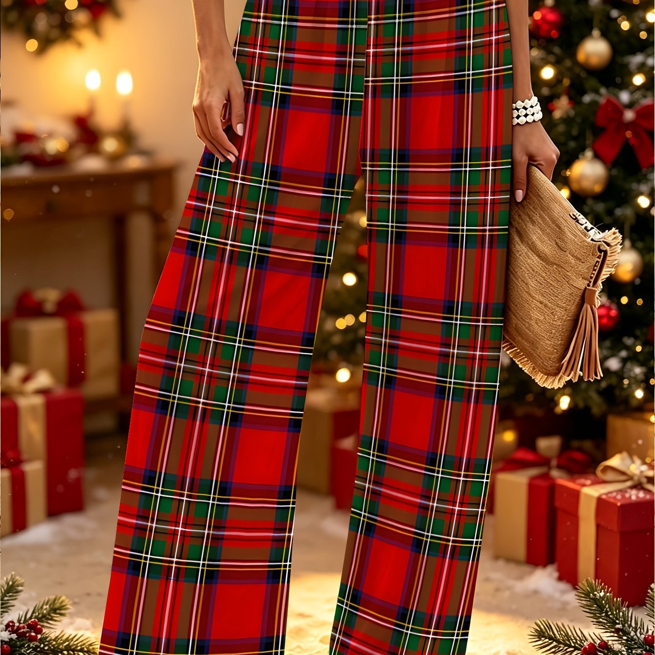 TEMU Plus Size - Christmas Holiday Theme Plus Size Casual Women's Clothing Red Straight Leg Pants, Christmas Casual Women's Loose Long Trousers,