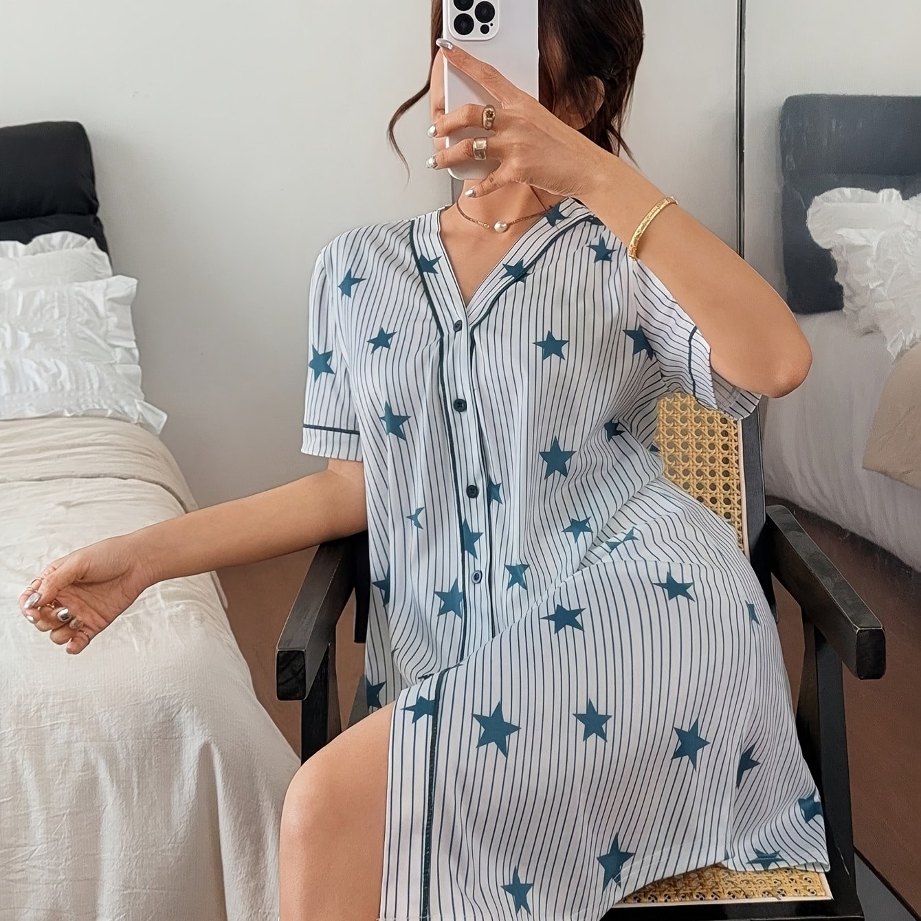 TEMU V-neck Cardigan Short-sleeved Women's Nightgown