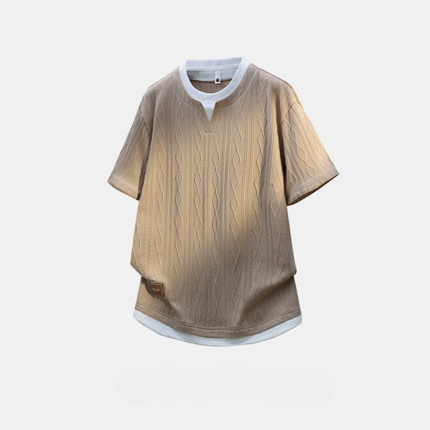 Image of New Summer Men's Trend Loose Clothes Trendy Brand Student Short-sleeved T-shirt Top Five-quarter-sleeved Jacquard Crew Neck Large Size Fake 2pcs Half-sleeved T-shirt, Plus Size