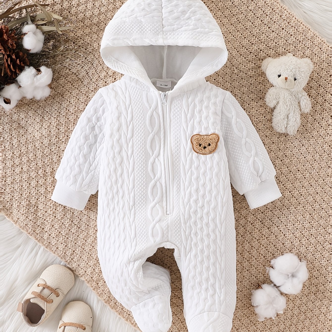 Image of Newborn Baby Boys And Girls Autumn/winter Jacquard Textured Fabric Cartoon Bear Hooded Footed Zipper Jumpsuit, Essential For Gifting And Home Use, Perfect For Outdoor