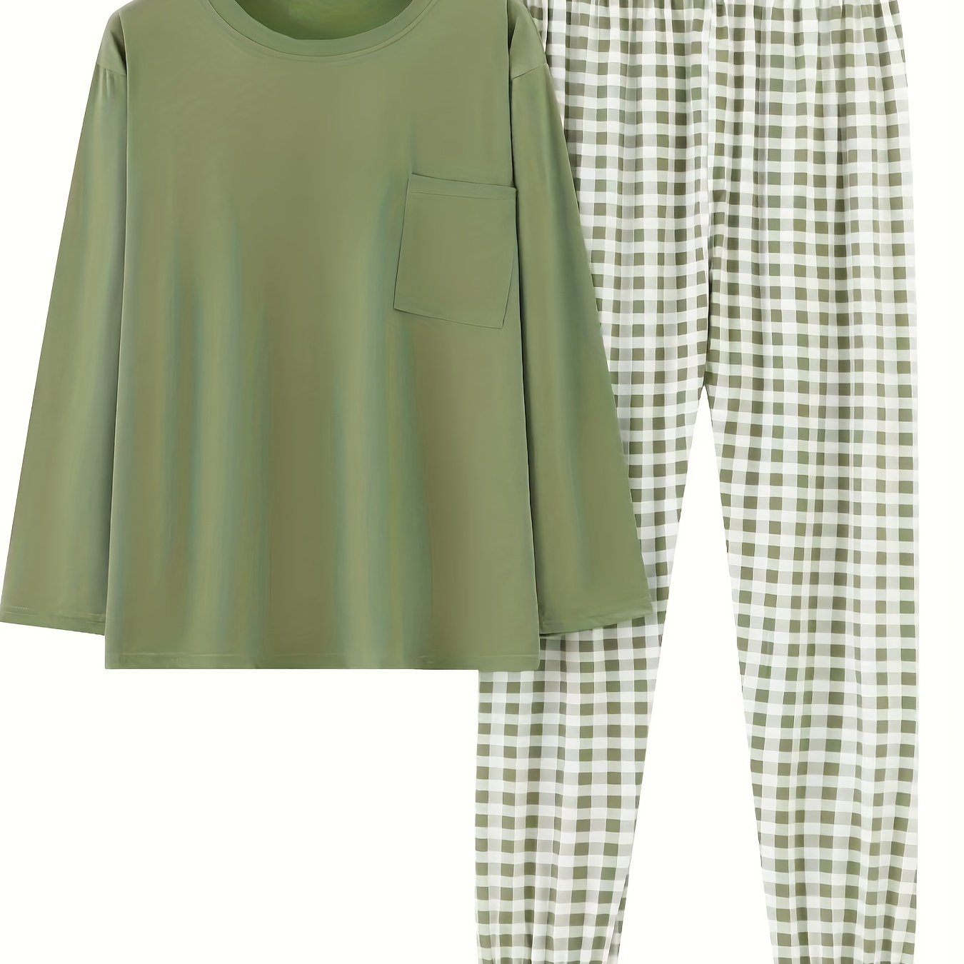 TEMU Ensemble Pyjama Décontracté à Manches Longues pour Printemps et Automne de Grande Taille, Costume de Vêtements Maison à Carreaux, Nuiterie