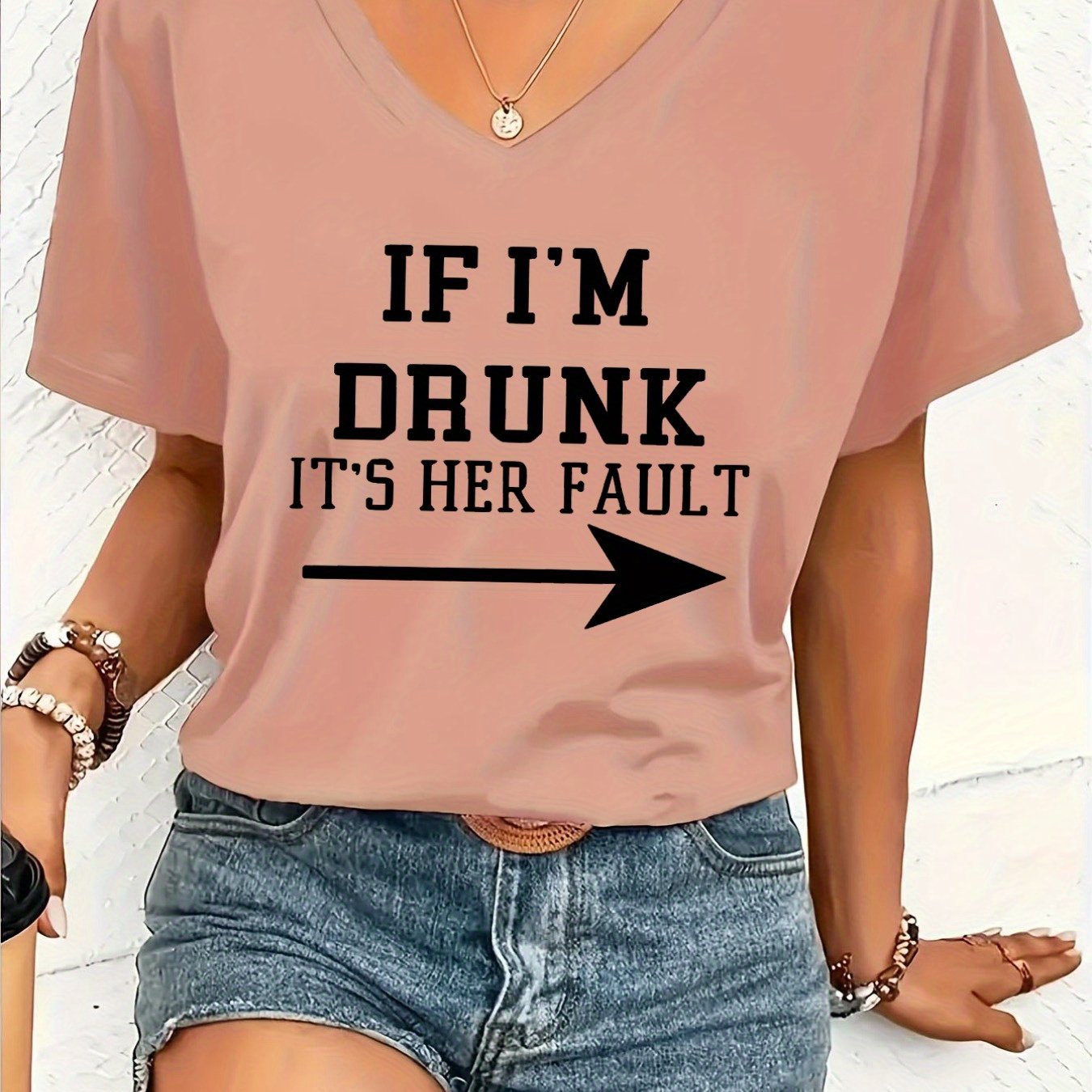TEMU Fashion Women's Sports Collection 'if I Get Drunk, Her Fault' Arrow Letter V-neck Short-sleeve T-shirt