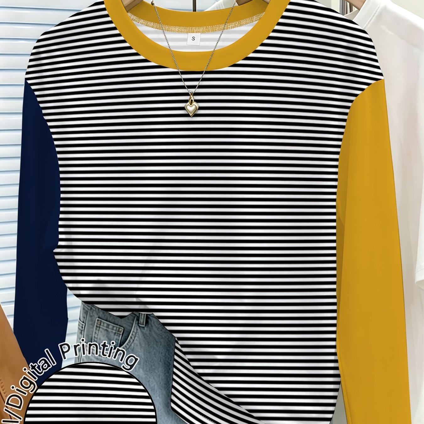 TEMU Women's Striped Printed Crew Neck Long Sleeve T Shirt Casual Summer Tops