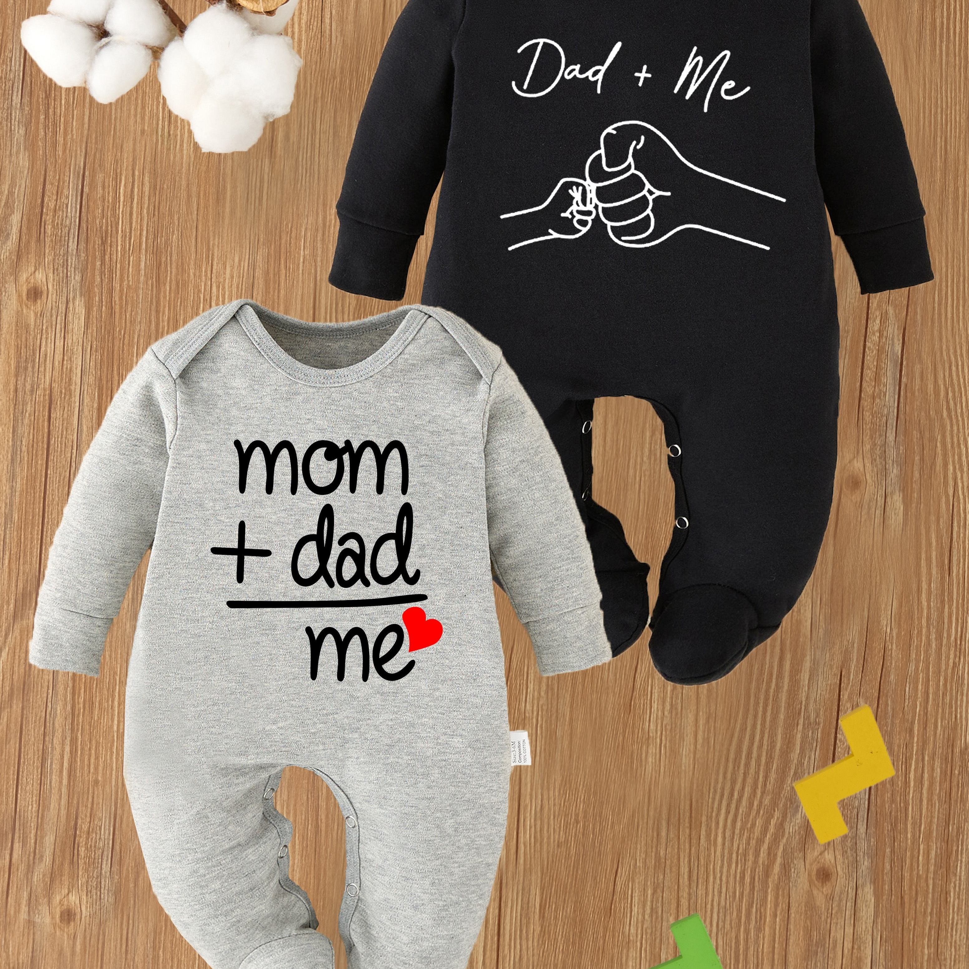 Image of 2pcs Dad+mom=me Letter Print Footed Long-sleeve Romper For Spring/autumn, Pregnancy Gift, Perfect For Outdoor