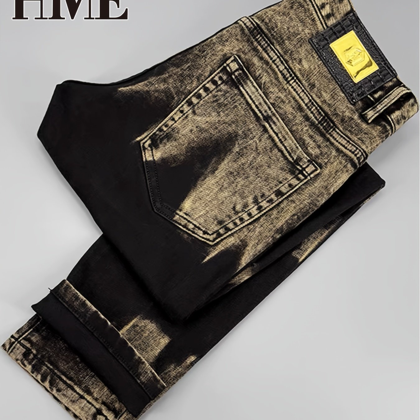 Image of Hme High-quality Light Luxury Trendy Men's Jeans. Washed, Gradient Black And Golden Painted Elements, Slim Fit, A Must-have For Fashion. Mid-rise, Stretchy, Slim-fit -, Suitable For . Elastic Fabric