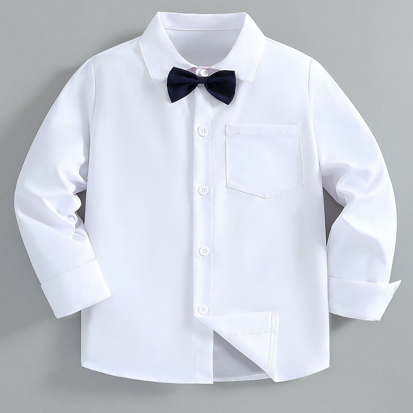 Back-to- Boys' Formal Long-sleeve Collared Gentleman White Shirt With Bow Tie, Classic Top For Parties, Weddings, And Holiday Gifts
