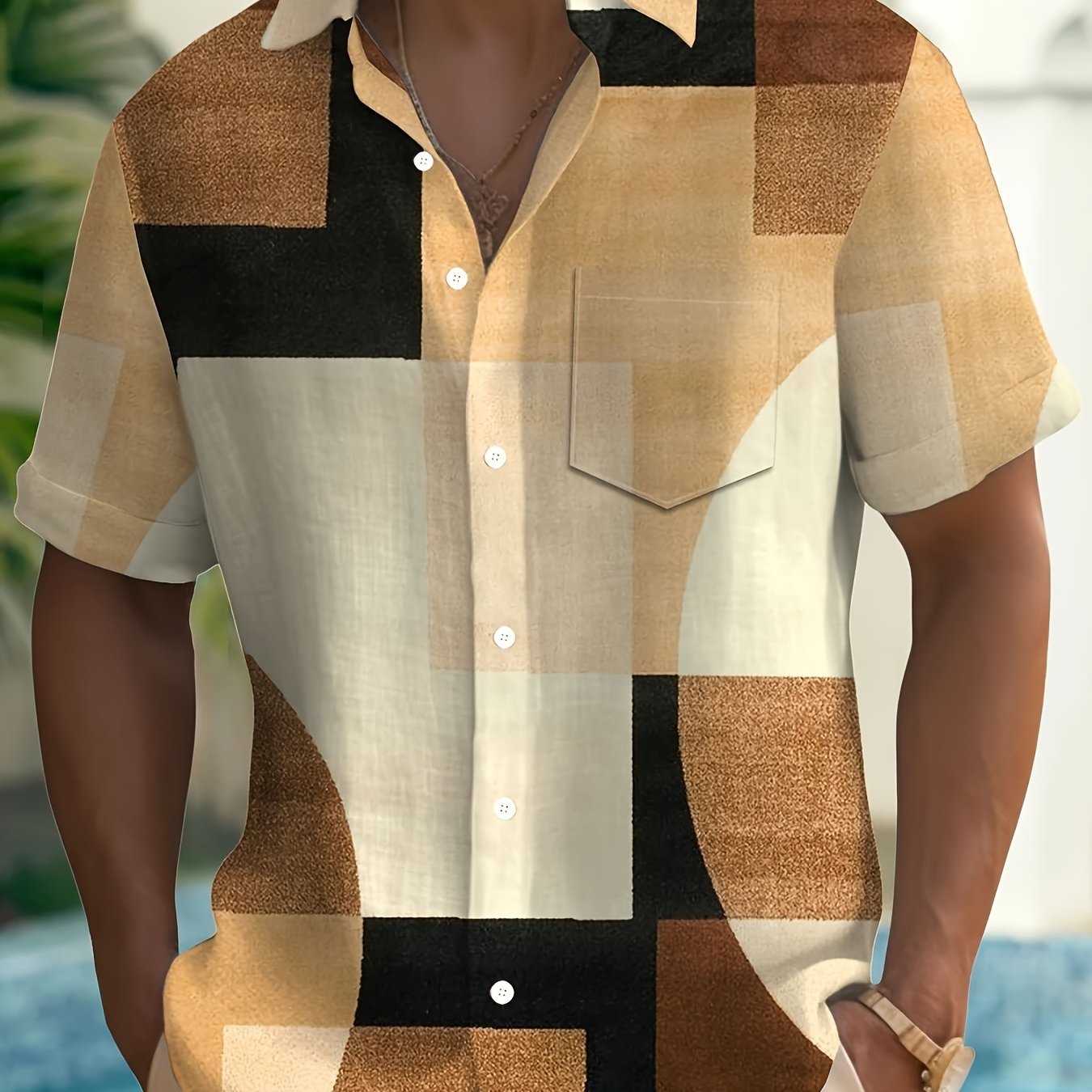 TEMU Vintage Geometric Color Block Print Men's Button Pocket Short Sleeve Shirt