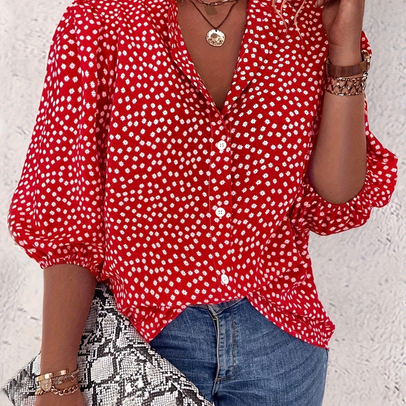 TEMU Floral Print Button Front Blouse, Casual Lantern Sleeve Blouse For Spring & Summer, Women's Clothing