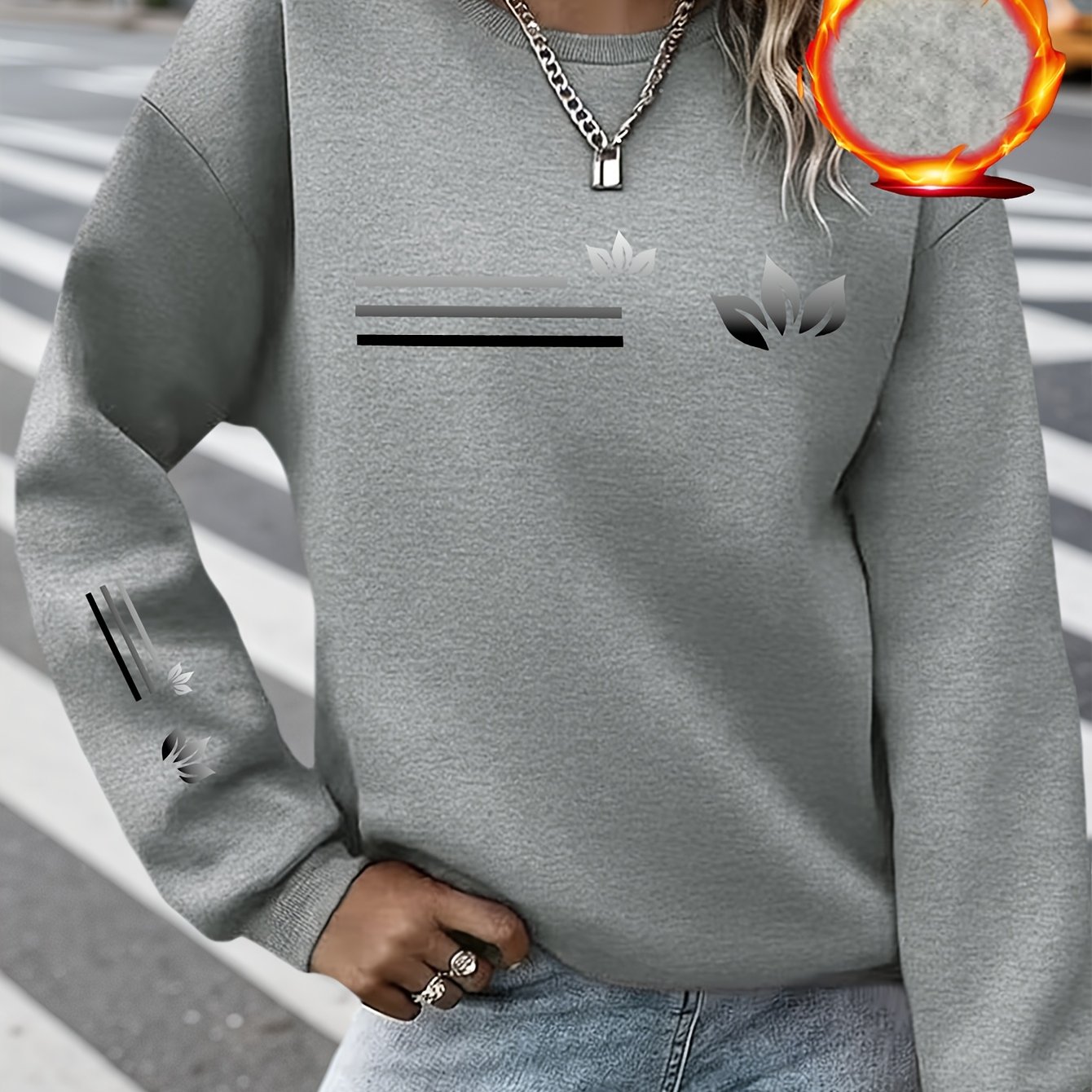 TEMU 1pc Black And Silver Leaf Patternã» New Y2k Women's Sportswear Autumn And Winter Casual Round Neck Sweatshirt With Single Sleeve Print, Fleece
