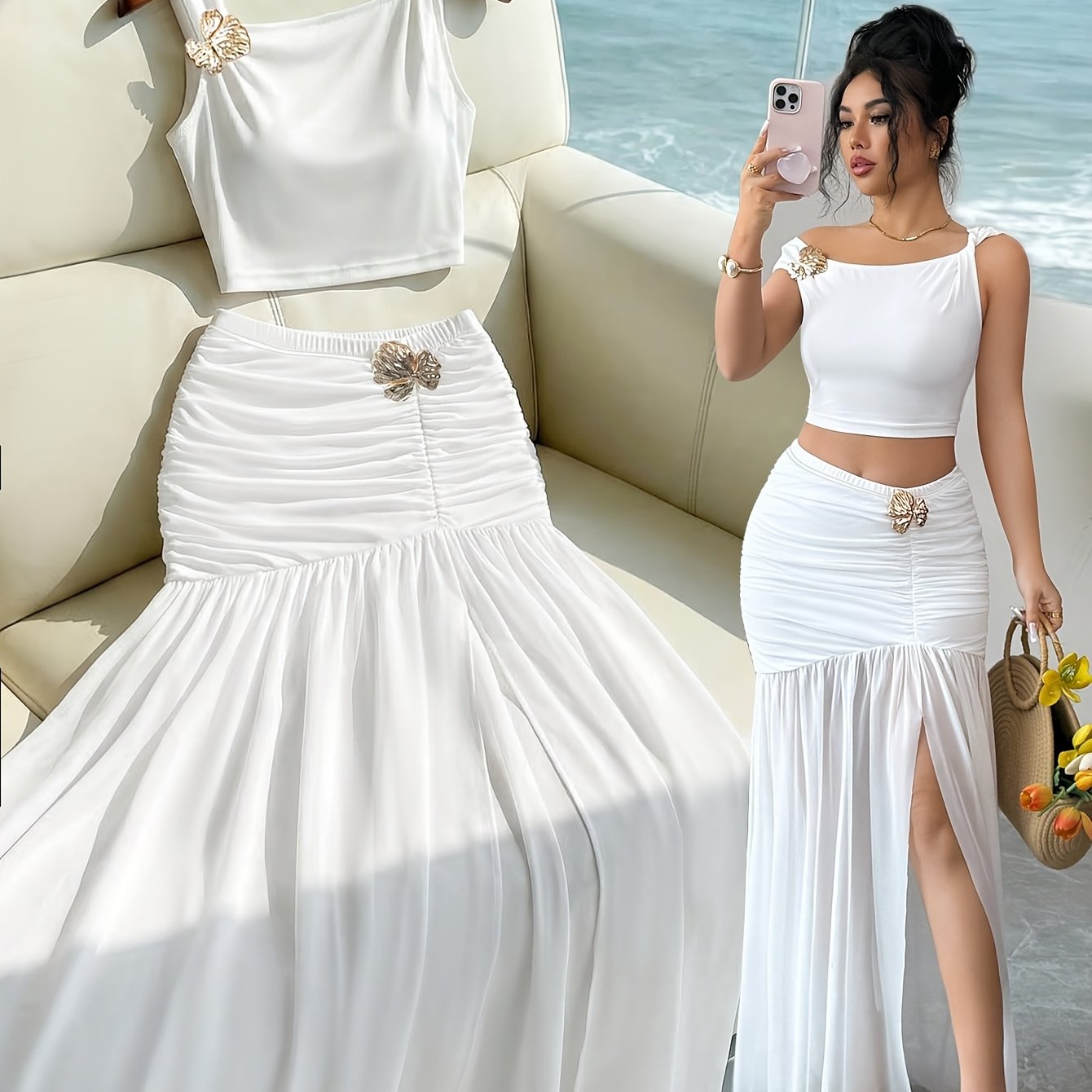 TEMU Conjunto elegante de 2 piezas para mujer, con top corto de tirantes y falda larga maxi con abertura y adornos metálicos. El diseño de ajuste