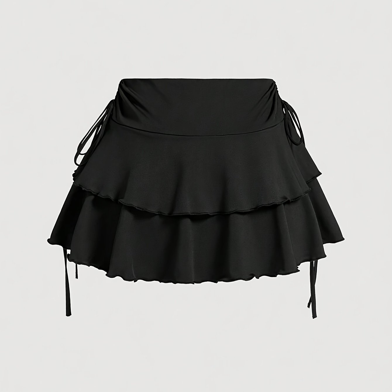 Elegant High-waist Ruffle Hem Drawstring Skirt - Black, Layered Cake Design With Asymmetrical , Versatile , Cute Skirts