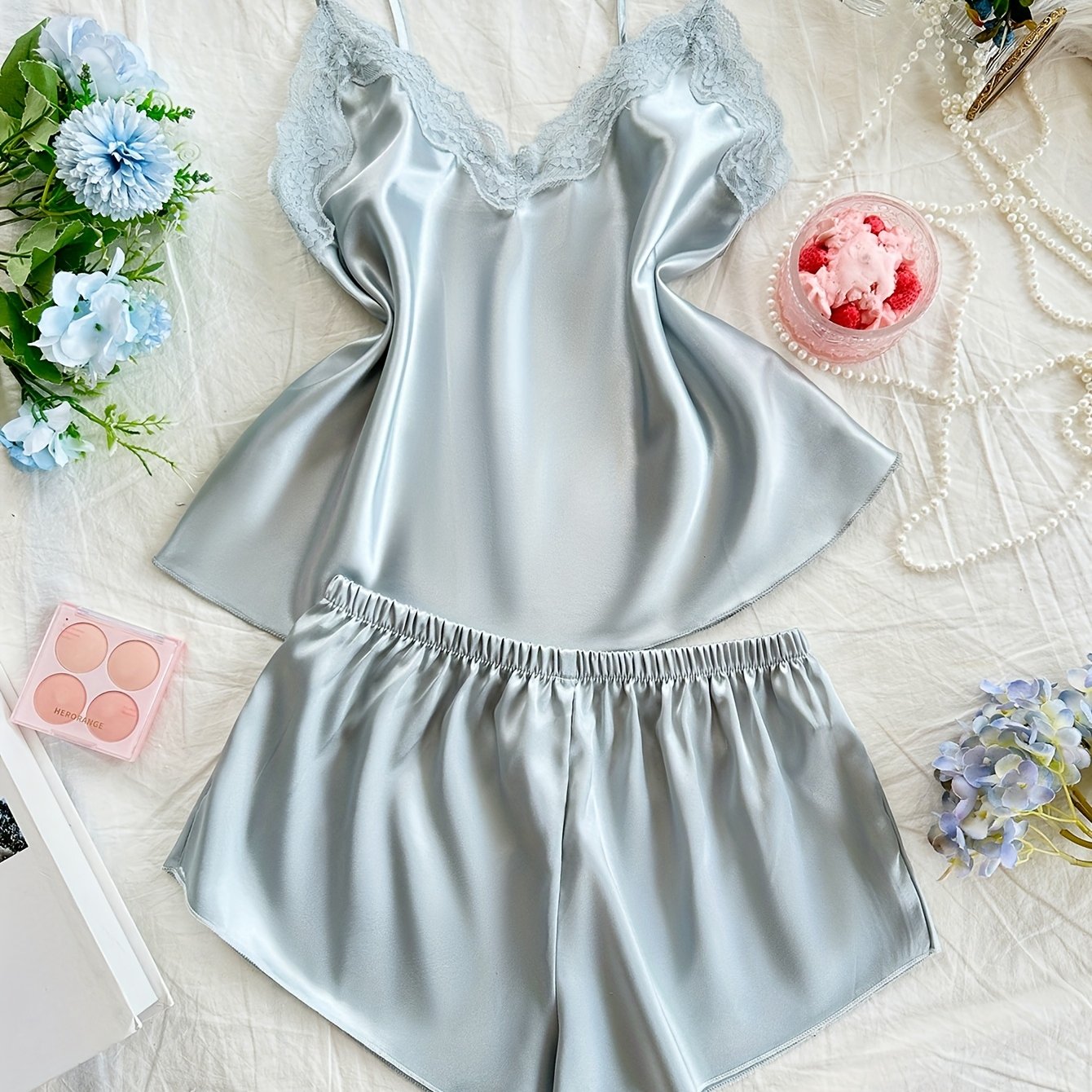 E-shop Jugendlicher Stil, modischer, niedlicher frischer Patchwork-Schlafanzug mit Spitzenbesatz, Trägeroberteil Shorts, 2-teiliges Set, für Teenager