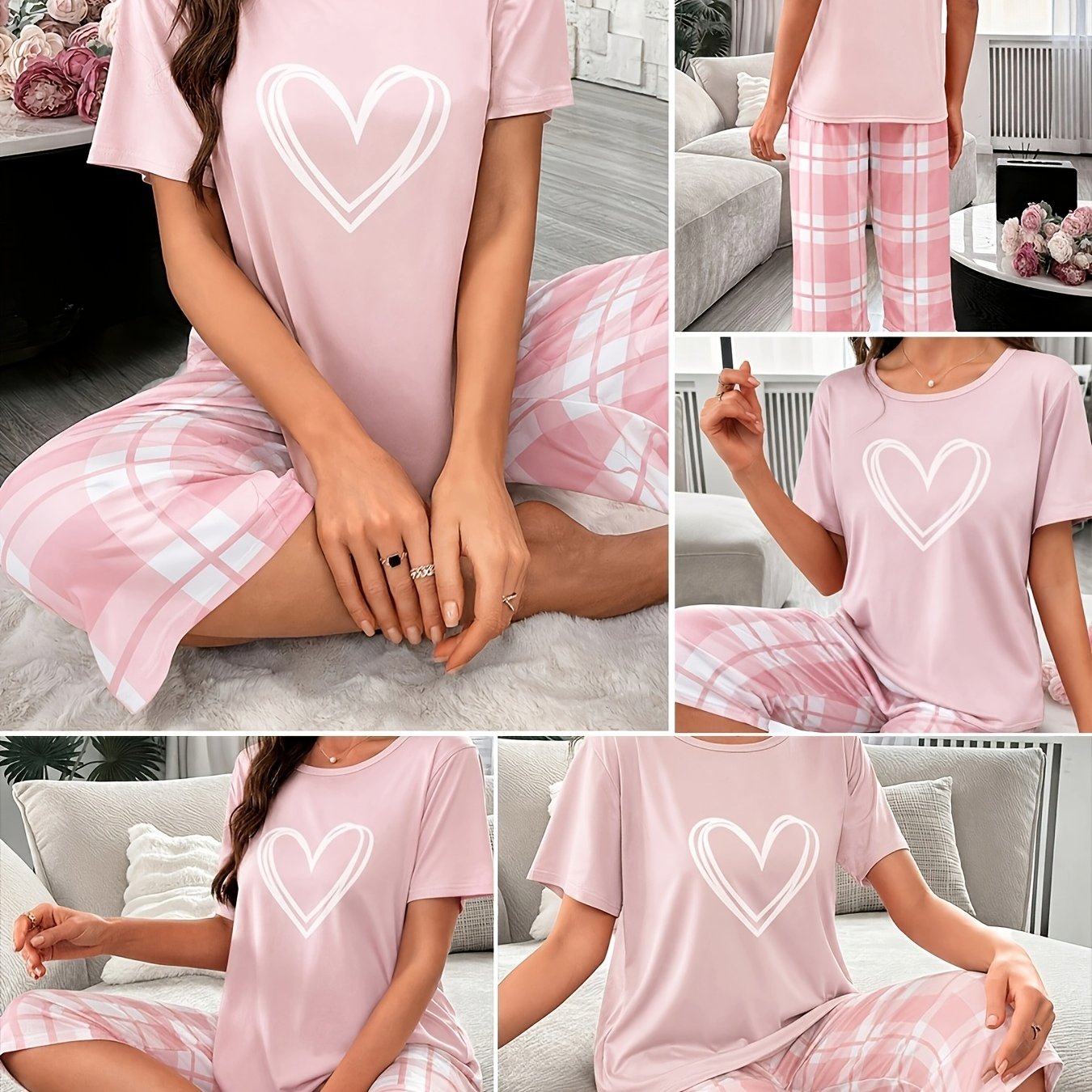 TEMU Women's Pajama And Loungewear 2pcss Set, Casual Sleepwear Suit, Wear, Heart-themed Pajama Set, Loose Round Neck Short Sleeve Top And Elastic