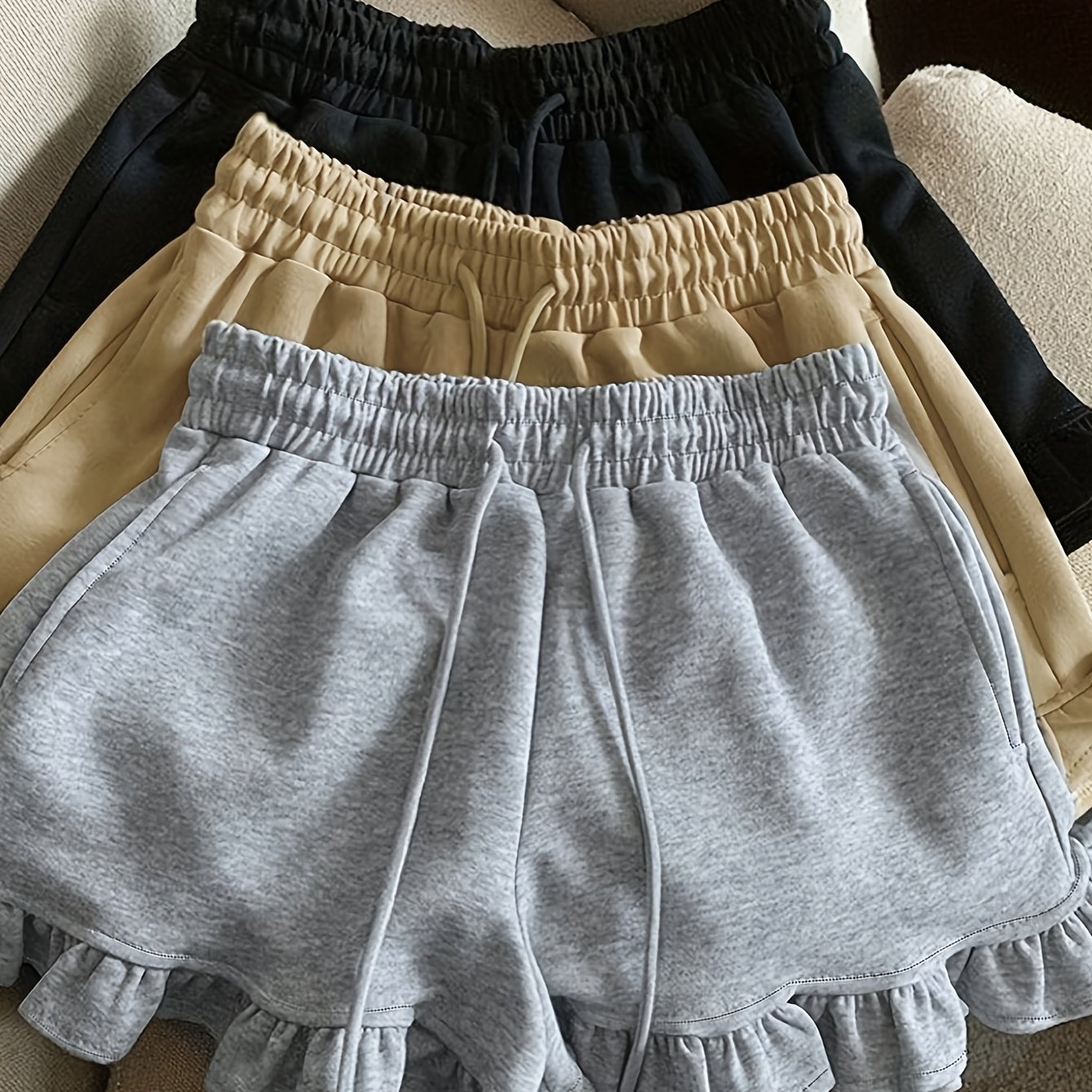 TEMU 3-pack dames casual wijde korte broek met kanten afwerking, trekkoord, lage taille, zomerse wijde korte broek met zakken, hot shorts,