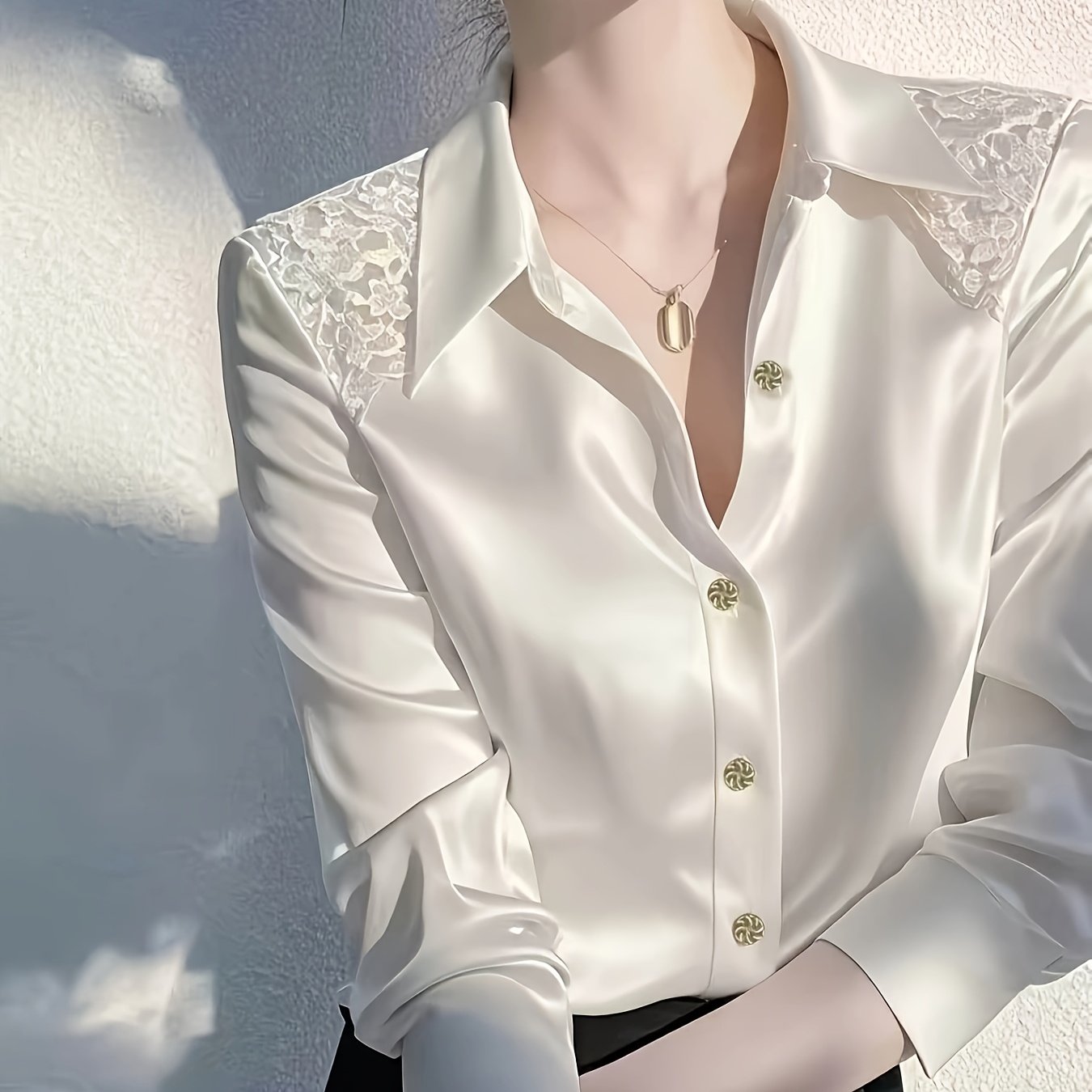 TEMU Camicia a maniche lunghe patchwork in pizzo per /estate e quattro , blusa elegante a maniche lunghe, camicia da donna versatile per il