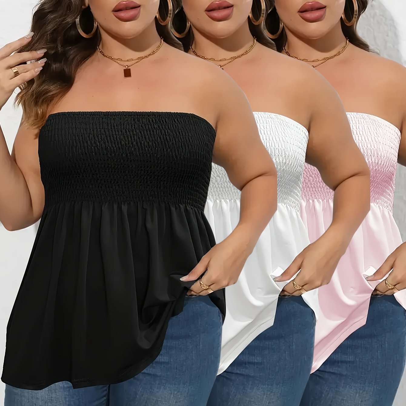 Image of Plus Size - Plus Size - Set Of 3, Plus Size Solid Color Strapless Tops For Women, Perfect For Casual Wear And Summer