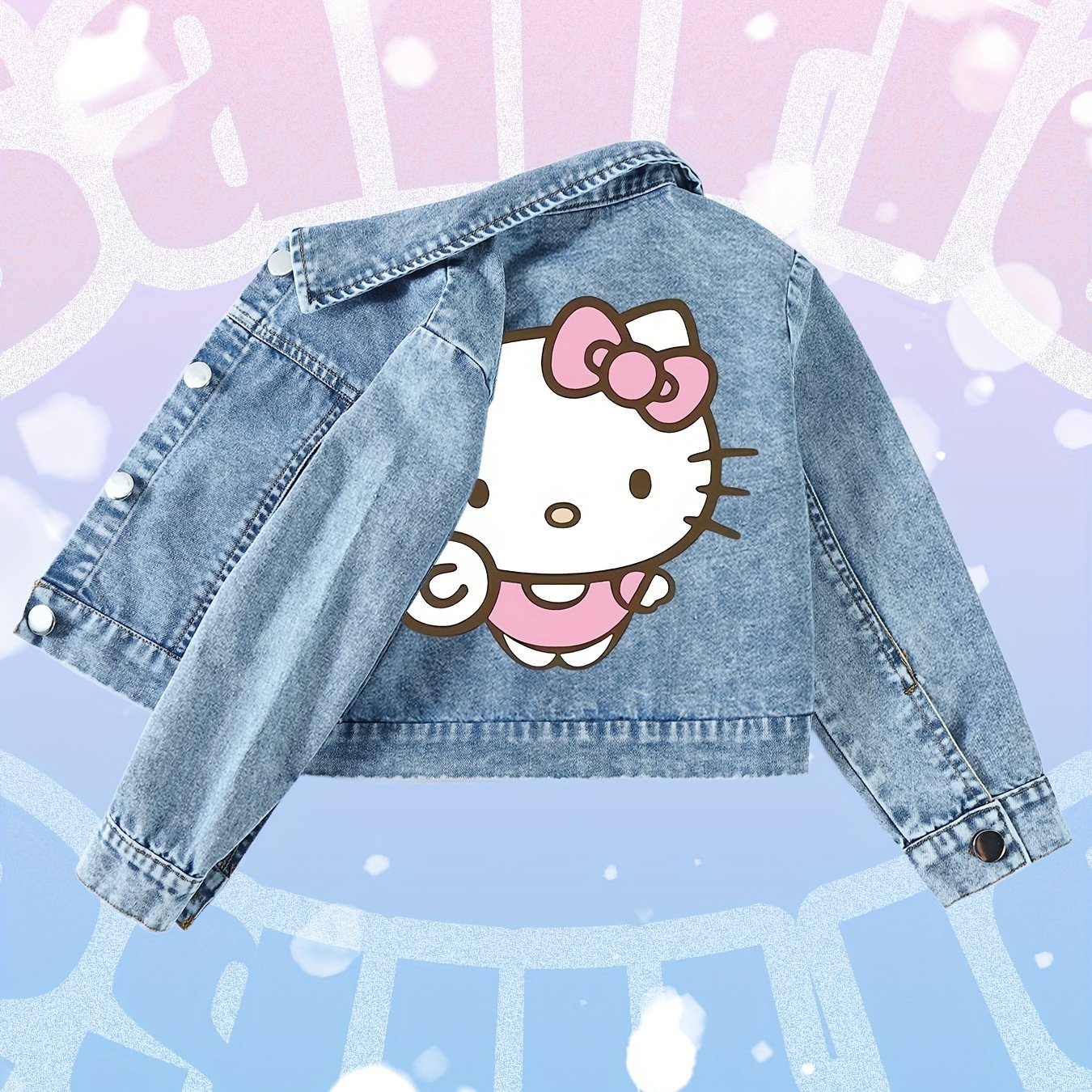 Image of Girls' Autumn/ Trendy Denim Jacket, Series Adorable Hello Kitty Print Pattern, Suitable For -8, Single Piece Sporty Casual Denim Jacket For Teens