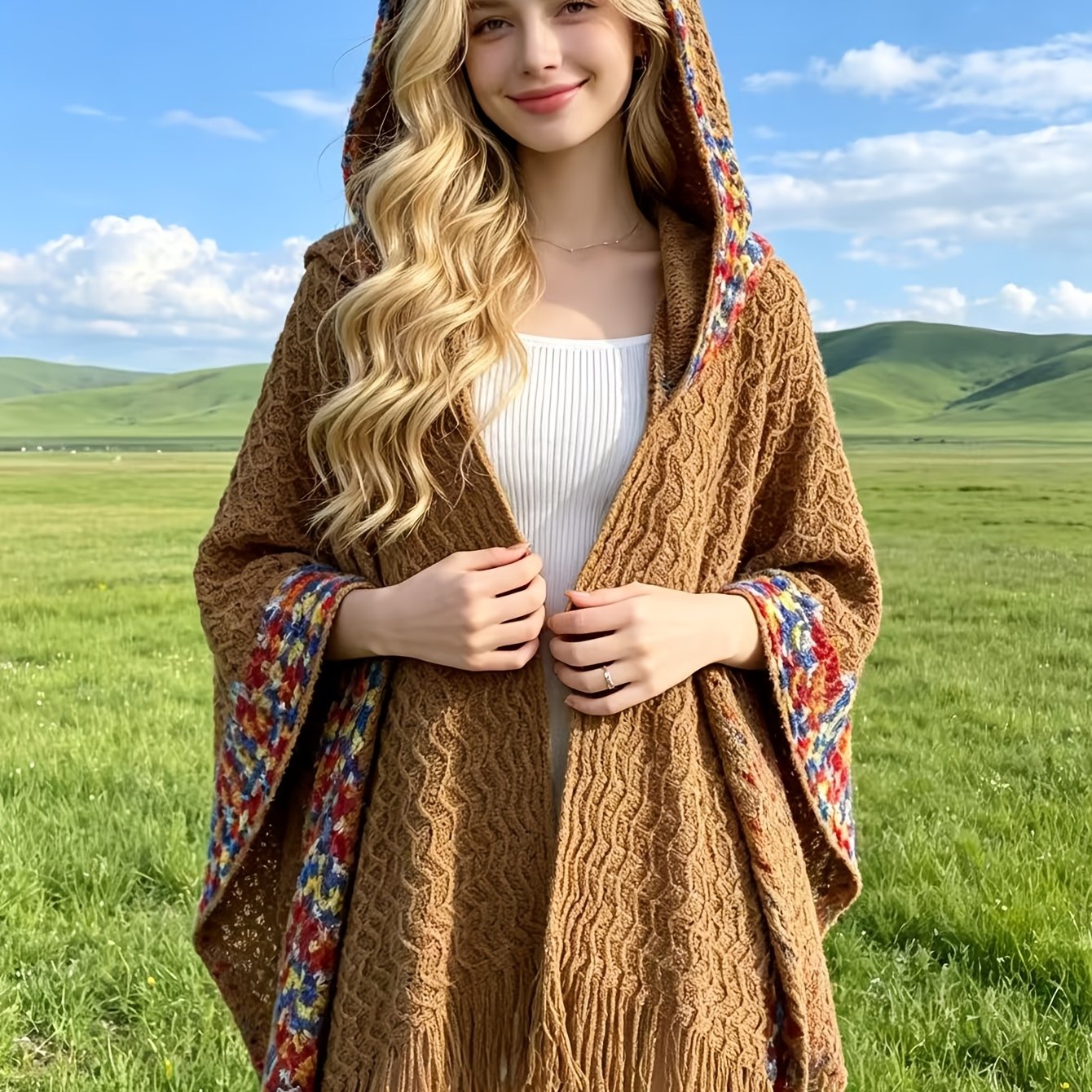TEMU 여성 가디건 - 가을/겨울 신상 에스닉 스타일 웨이브 프린지 후드 멀티컬러 재킷, 여름 여성용 고급스러운 우아한 기질 에어컨 방 캐주얼 올매치 케이프 스카프, 여행, 휴가, 사진 촬영, 캐주얼 웨어에 적합