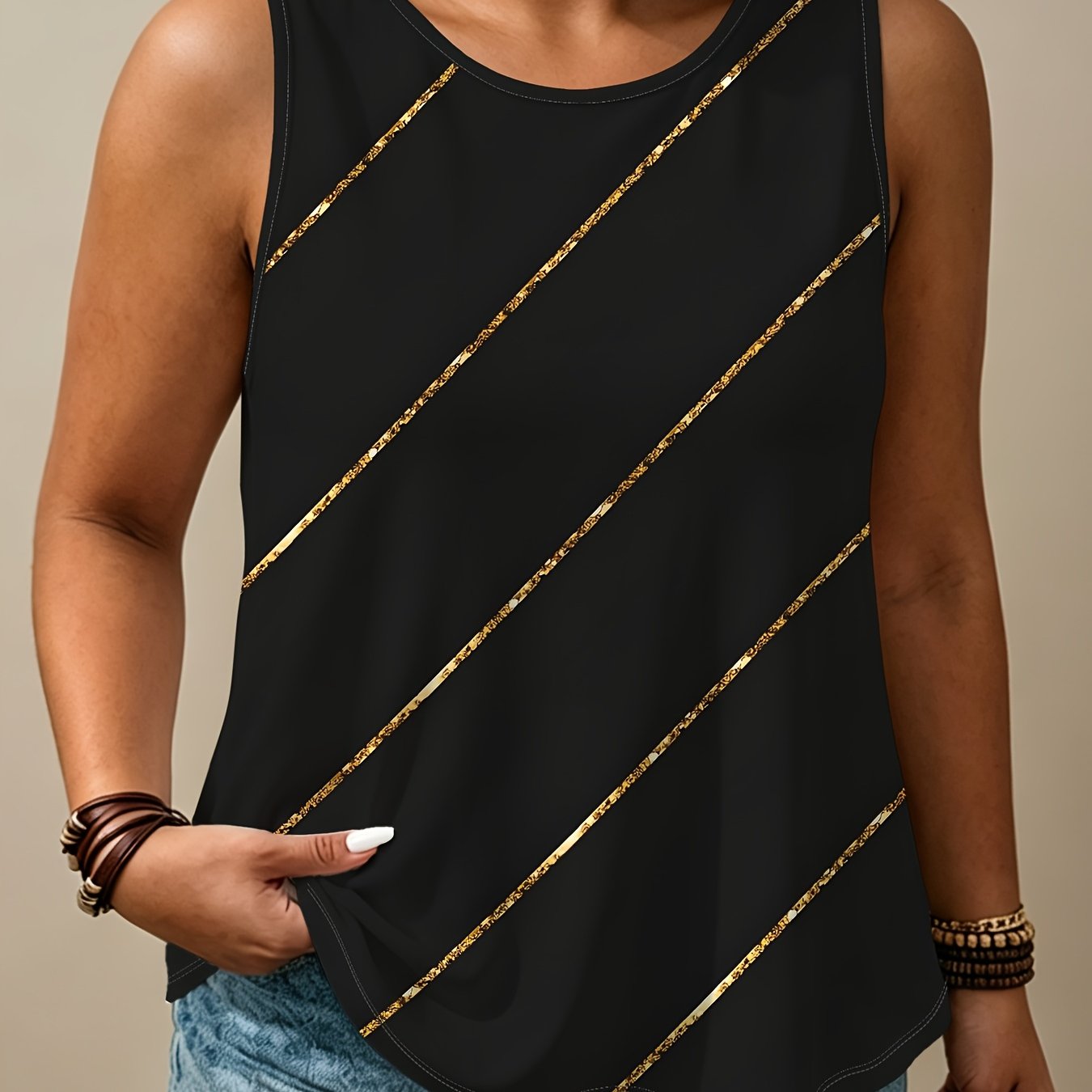 TEMU Women's Plus Size Twill Print Sleeveless Tank Top - Loose Fit Round Neck -compatible Vest Suitable For Layering Or Wear, Machine Washable Summer