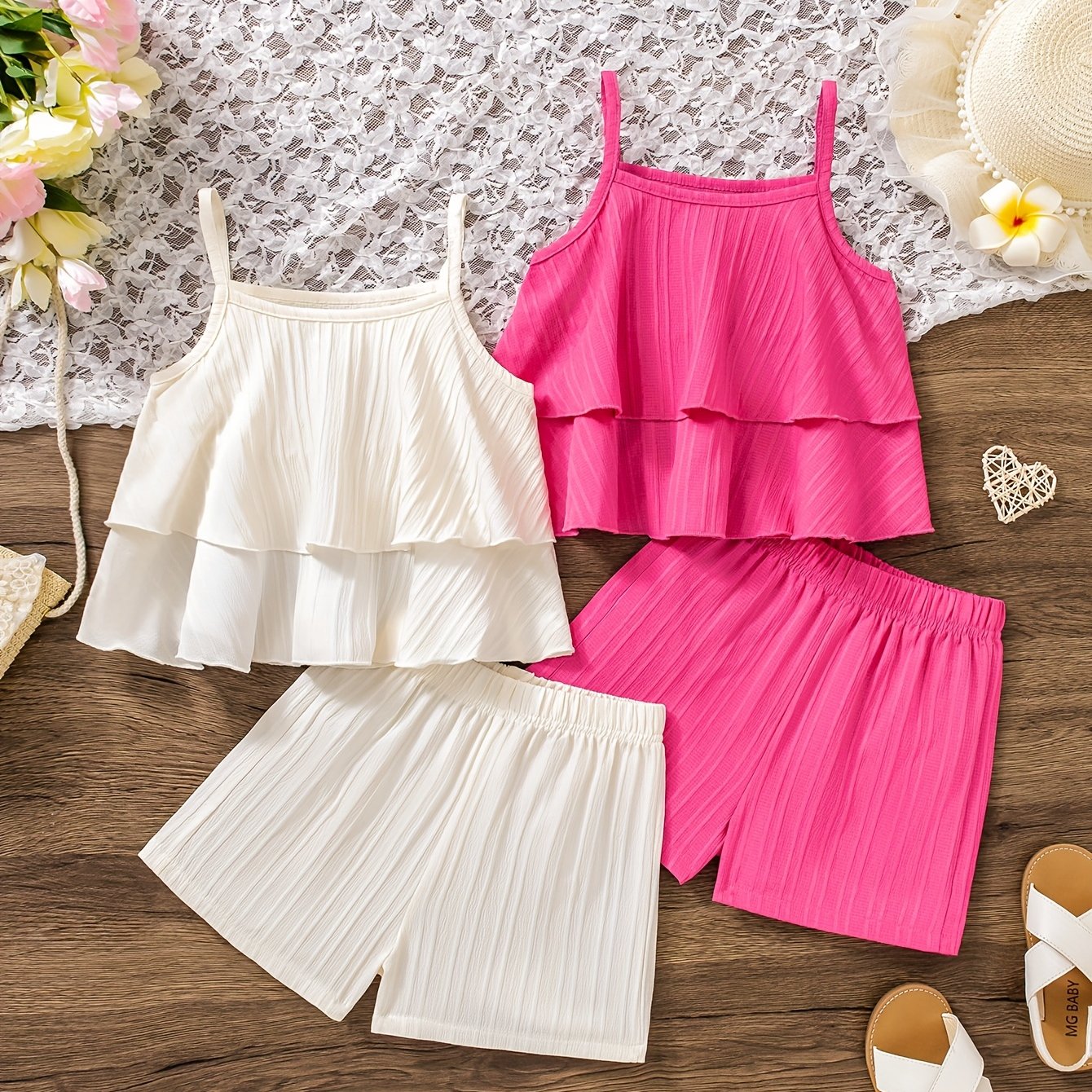 E-shop 4-teiliges elegantes, süßes, einfarbiges Cami-Shorts-Set für Mädchen mit Rüschen, bequemes, modisches, atmungsaktives Sommeroutfit, geeignet für