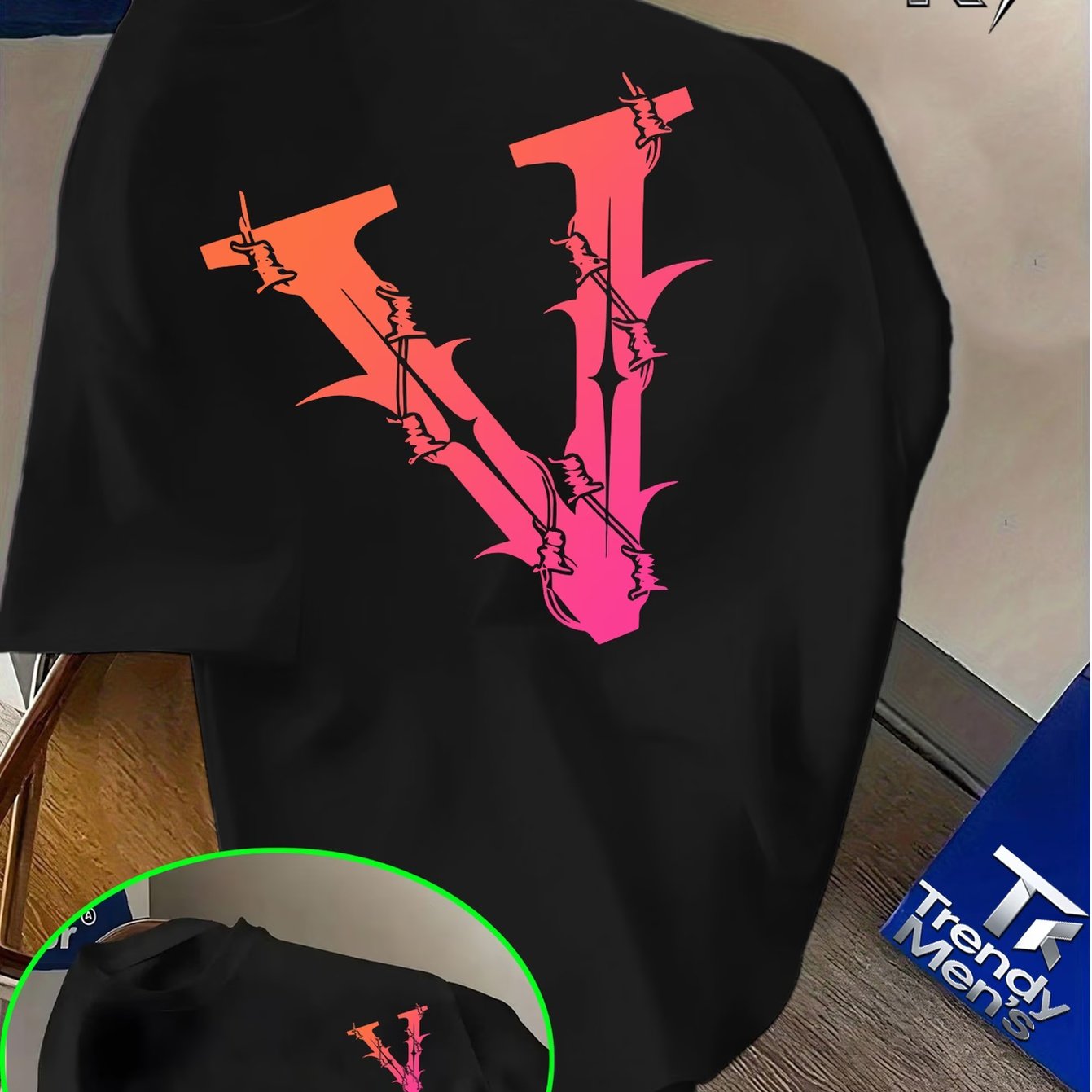 TEMU T-shirt tendance , dégradé orange-pink, col en V, logo avec lettres et épines, style de base pour tenues streetwear ! Haut à manches courtes et