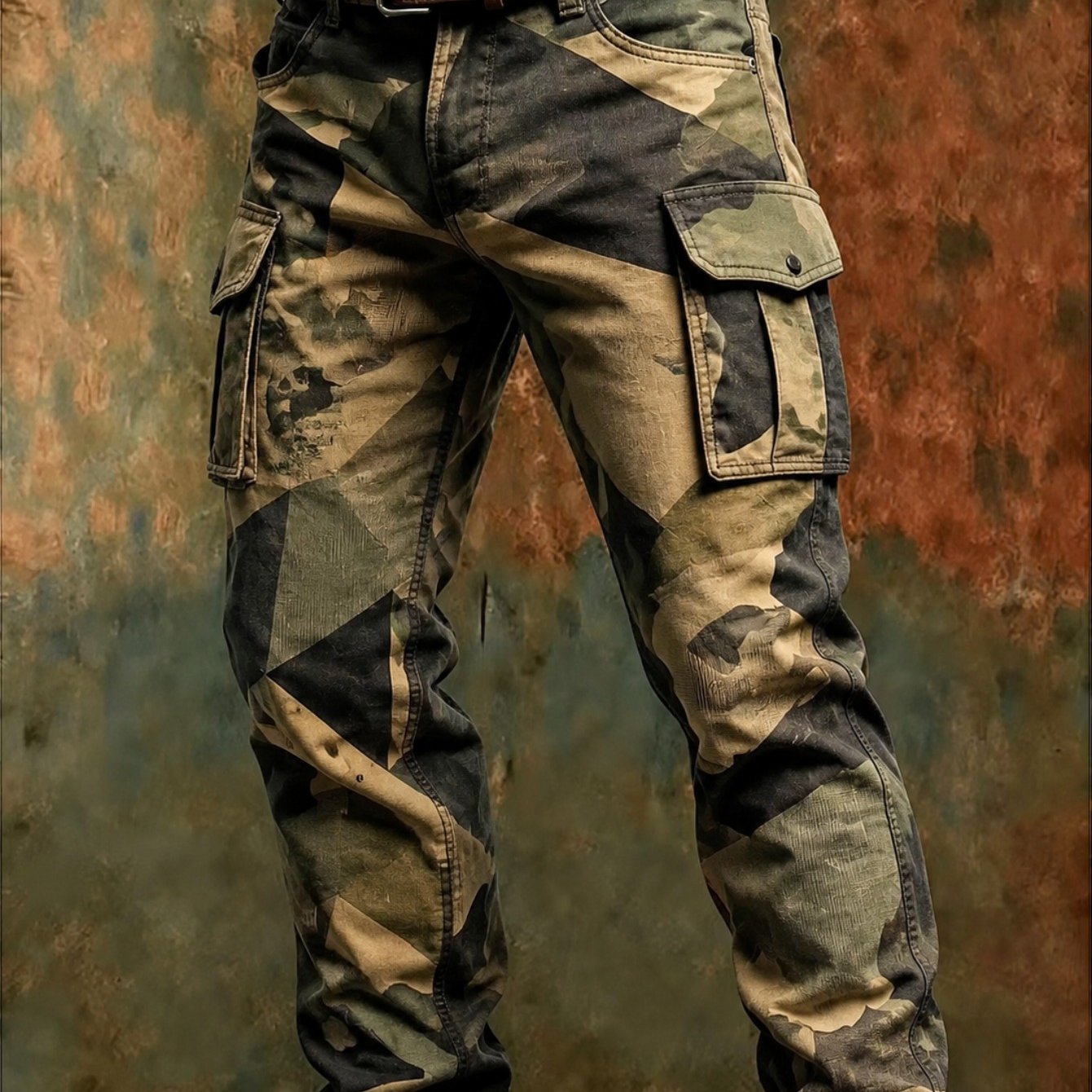 Camouflage Cargo Work Jeans For Outdoor, Garage, Or Workshop Use Durable, Lightweight, Multi- In Olive Green And Brown Camo Pattern