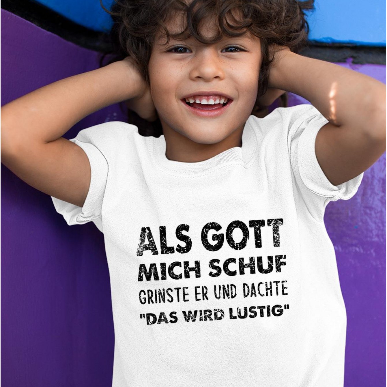 Image of T-shirt With German Text Als Gott Mich Schuf Grinste Er[german Language], Black Cute Kawaii Tops Crewneck Short Sleeve T Shirts Teenage Shirts Unisex Clothes Tee 3-13 Years, For Teenager