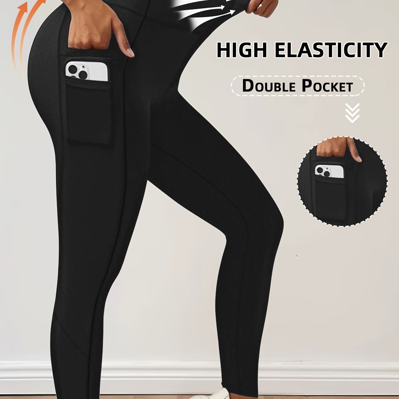 Image of Spring Summer Autumn 1xl-5xl Women's Plus Size High Elasticity High Waist Tummy Control Side Dual Pockets Simple Outdoor Single Piece Set