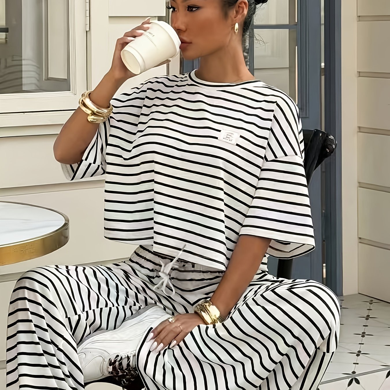 TEMU Ensemble 2 pièces pour femmes : Haut à manches courtes rayé et pantalon long, tenue décontractée printemps-été