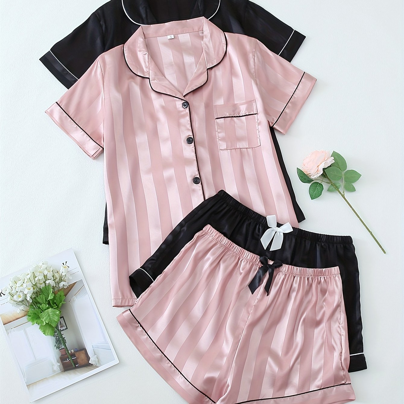 TEMU 2 Sets Women's Striped Satin Casual Pajama Set, Short Sleeve Buttons Lapel Top & Shorts, Comfortable Relaxed Fit