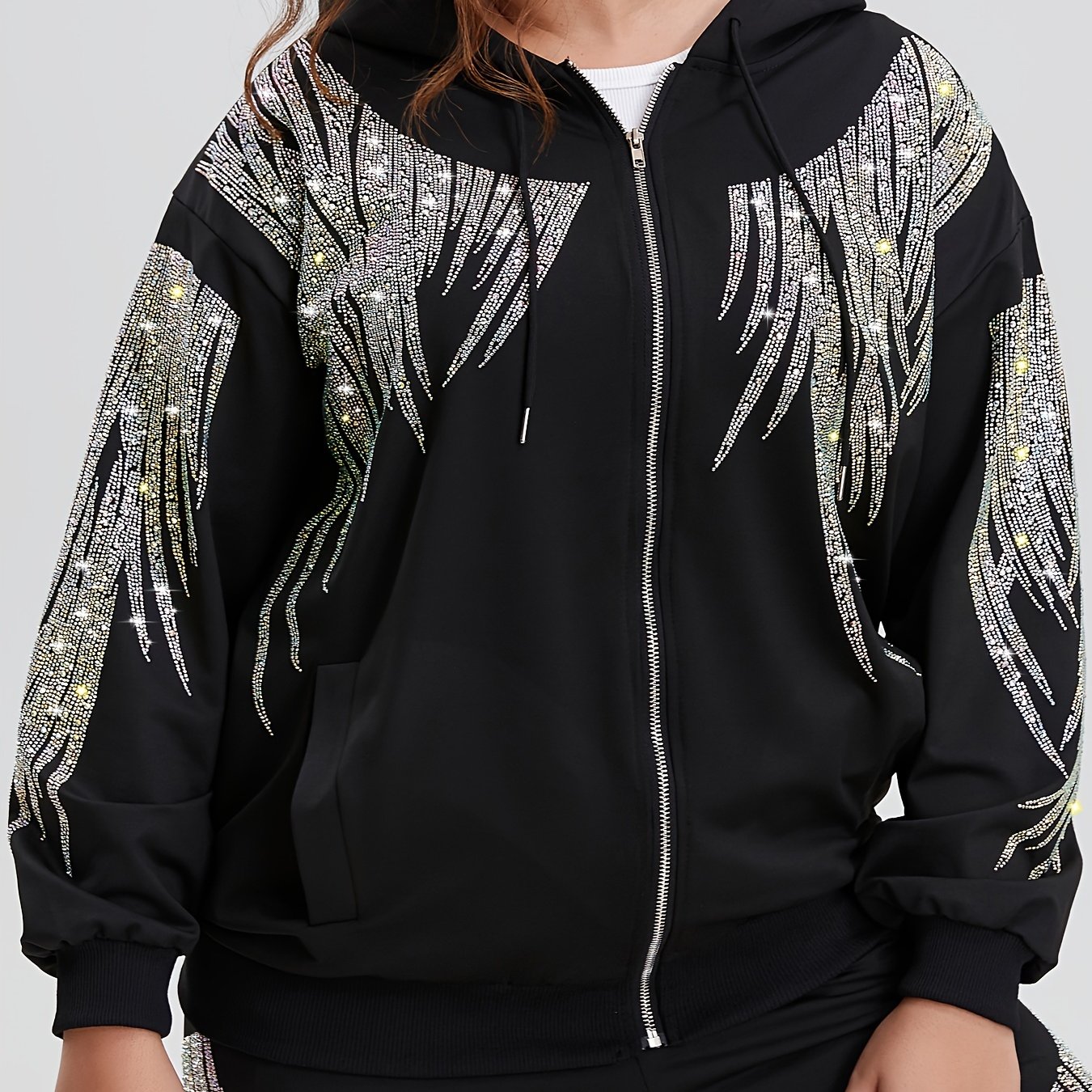 Image of Oversized Black Zip Up Hoodie For Women Rhinestone Graphic Y2k Jacket With Pocket Big Size Hooded Sweatshirt Trendy