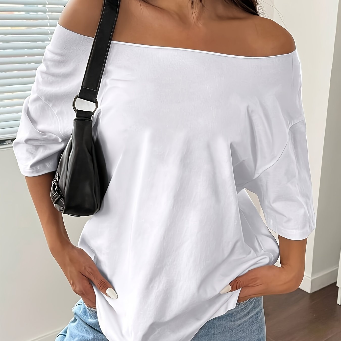 E-shop Damen T-Shirt mit einem Schulterträger, einfarbiger sauberer Schnitt, lockere Passform für Frühling/Sommer, alltägliches bequemes vielseitiges