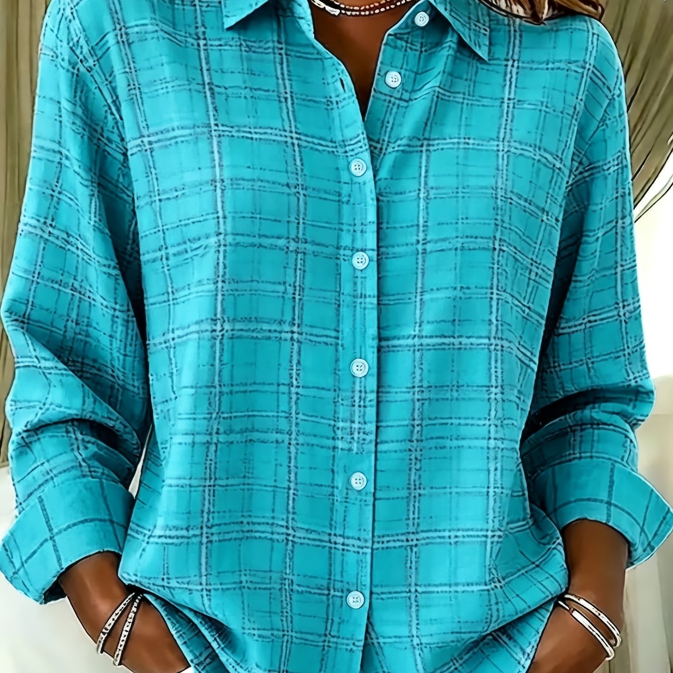 TEMU Plus Size - Plus Size - Casual Fashion Print Women's Plus Size Button-up Long Sleeve Shirt Open Front Top