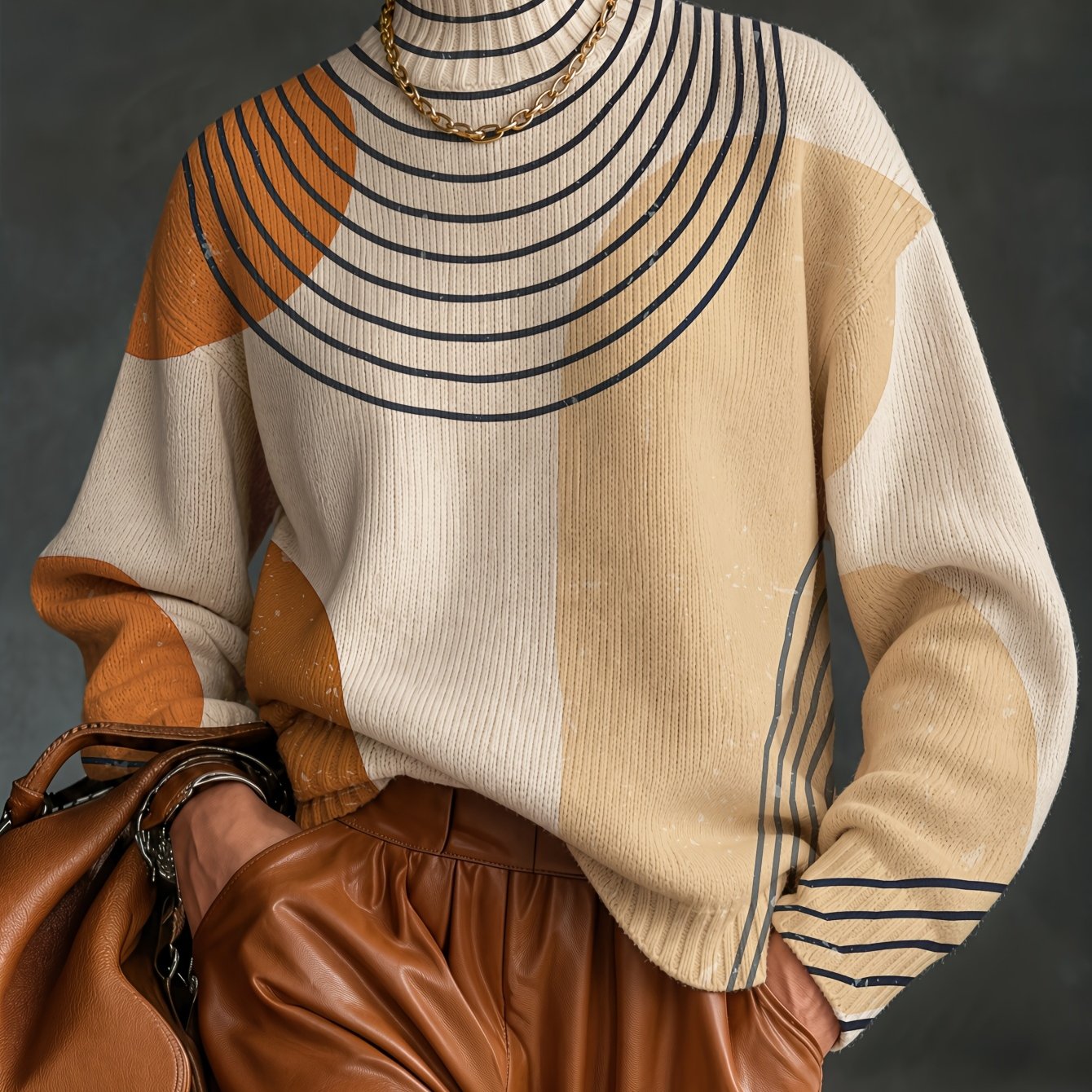 TEMU [printed Design - Not Textured] Women's All Over Printed Knitwear High Neck Long Sleeve Heavyweight Sweater, Color Blocking Pattern, Casual Soft