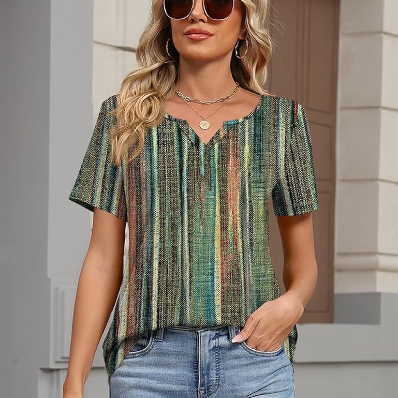 TEMU Plus Size, Women's V-neck Short Sleeve T-shirt - Full-body Vertical Stripe & Print Suitable For Casual, Office, Casual Attire | Machine Washable