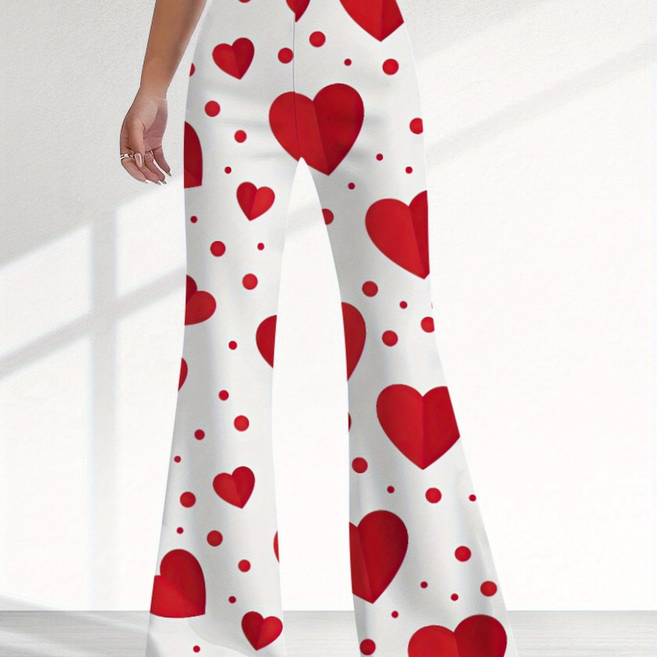 TEMU Valentine's Day Heart Bright And Vibrant Full-body Print Women's Long Pants Casual Fashionable Sexy Flared Pants-748