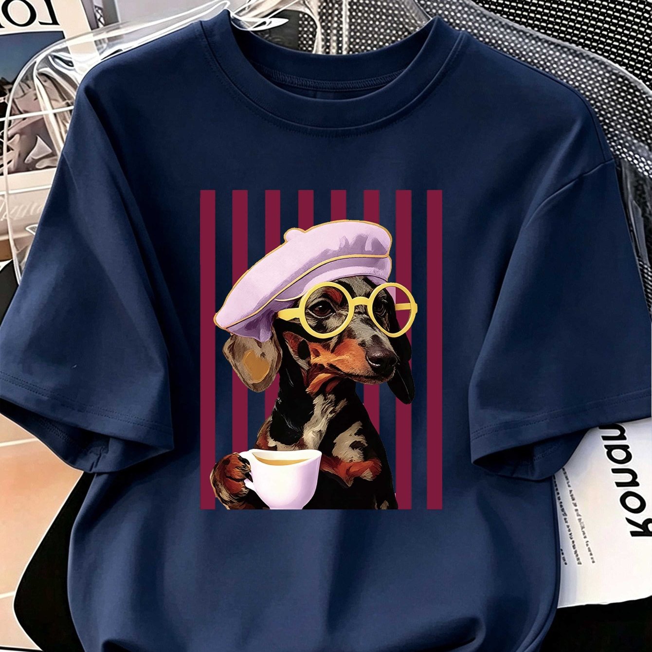 TEMU Women's T-shirt Cute Striped Dachshund T-shirt, Summer Clothing Women's Tops