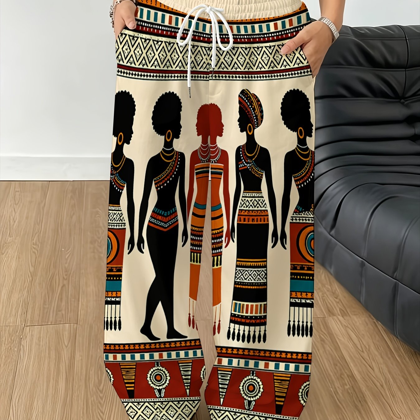 TEMU Women's Fashion Casual Wide-leg Pants With African Tribal Figure Silhouette Print, Drawstring Elastic Waist, Long Outdoor S Trousers For