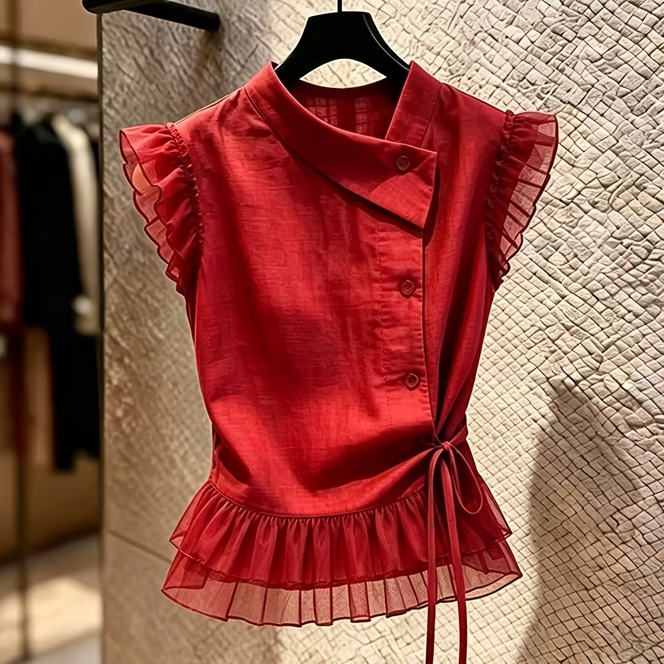 TEMU New Red Mesh Ruffle Trim Blouse For Women, And Elegant Top 1040
