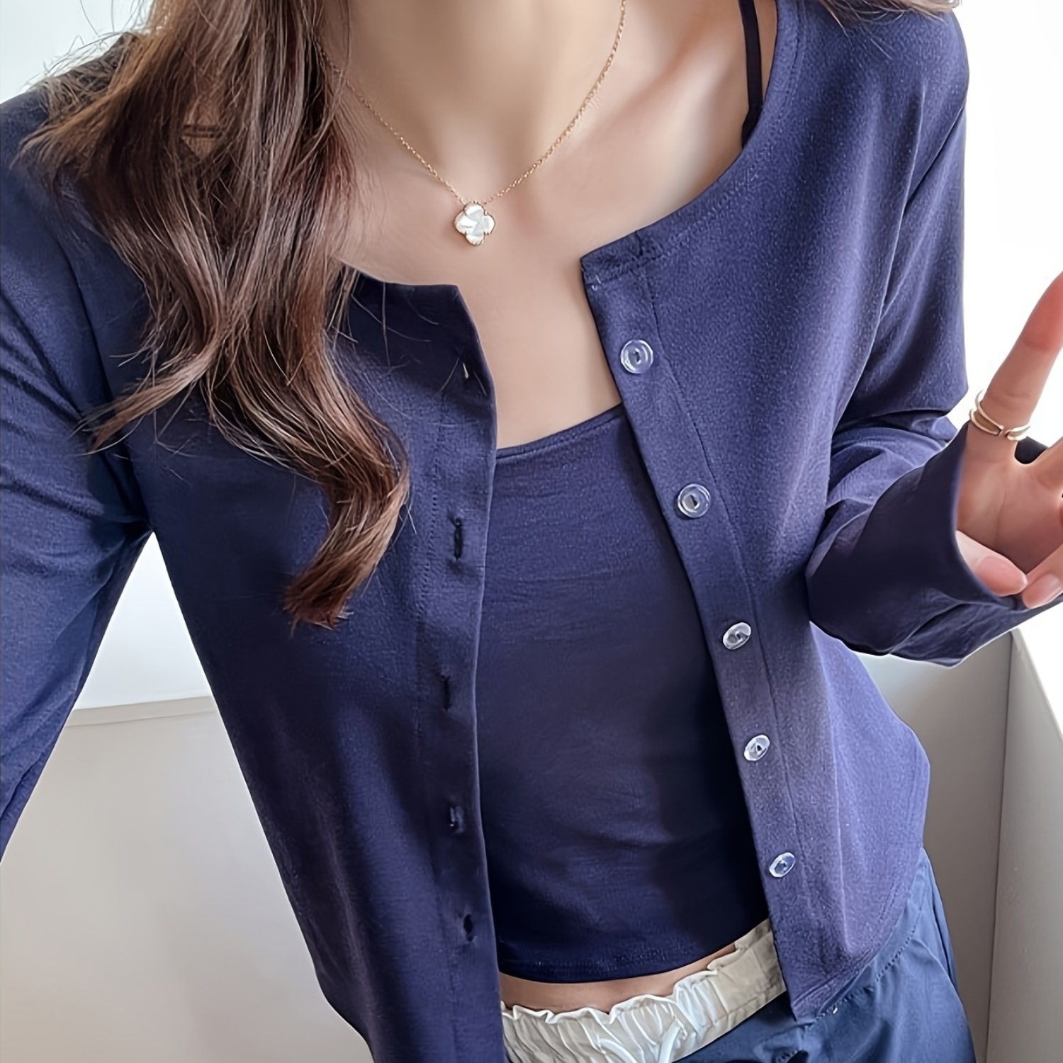 TEMU 女性用軽量カーディガン - 長袖、ボタンアップ、、無地カラー、 春/夏/秋、多用途カジュアルからまで、軽量カーディガン