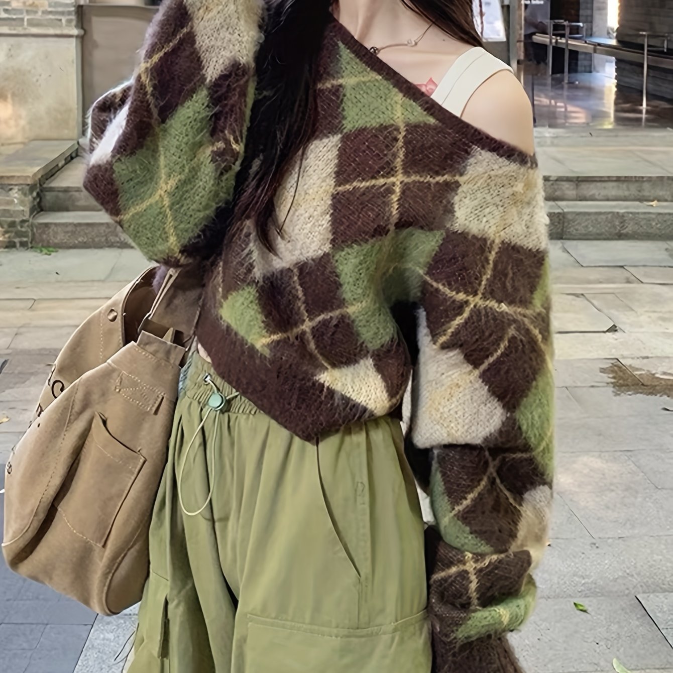 E-shop Frühlingsneu Vintage-Karomuster-Pullover, Lockerer Off-Shoulder-Look, Weicher und Bequemer Vielseitiger Oberteil, Stylisches Elegantes Damenmode